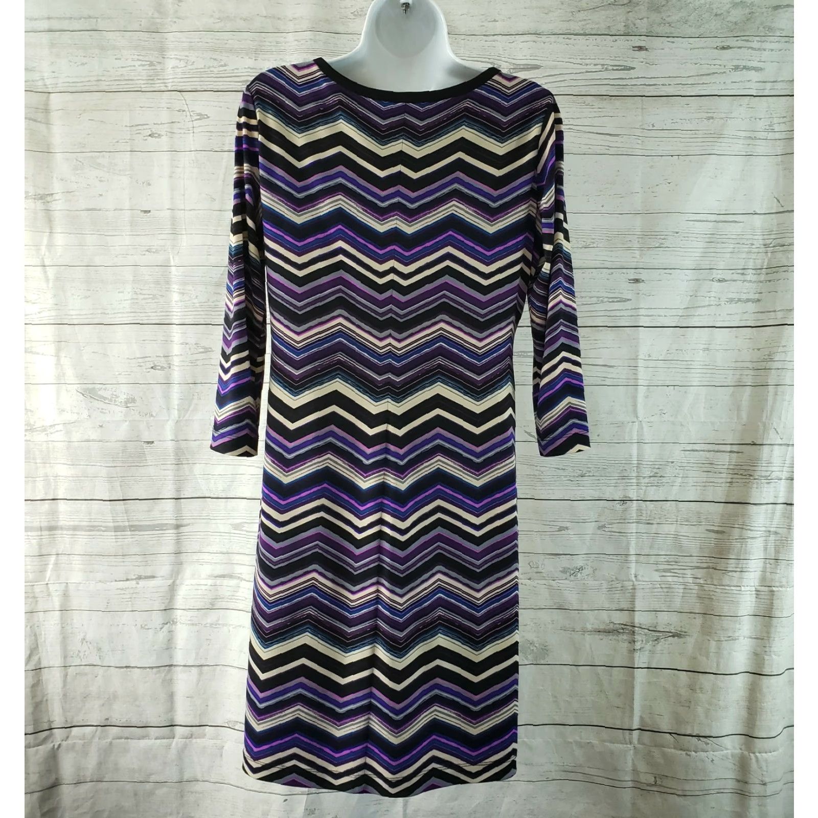 Vintage Eliza J Womens Shift Dress 10P Purple Chevron 3/4 Sleeve Knee Length Petites Womens Dress Size L / US 10 / IT 46 - 3 Thumbnail