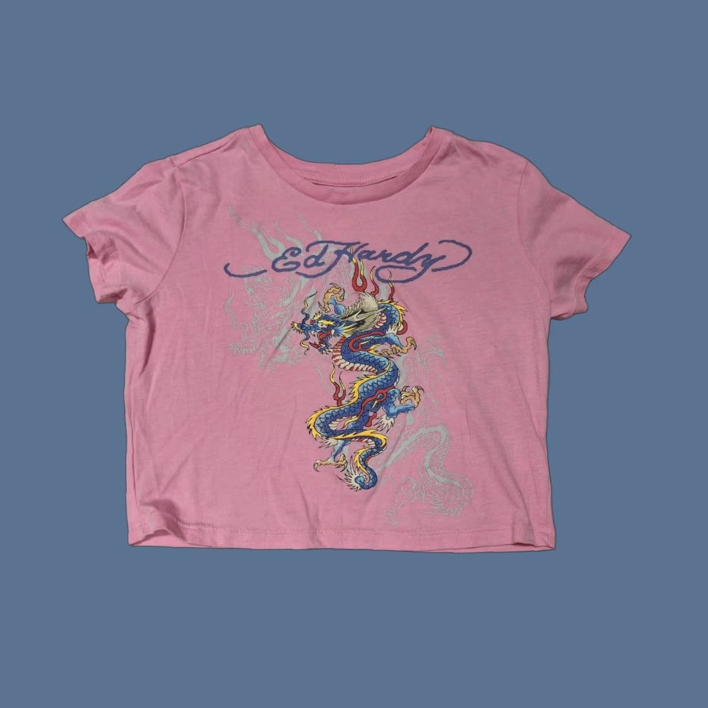 Ed Hardy Womens Ed Hardy T-Shirt Cropped Pink Dragon Graphic Art Tattoo Top Tee L Womens Size L / US 10 / IT 46 - 1 Thumbnail