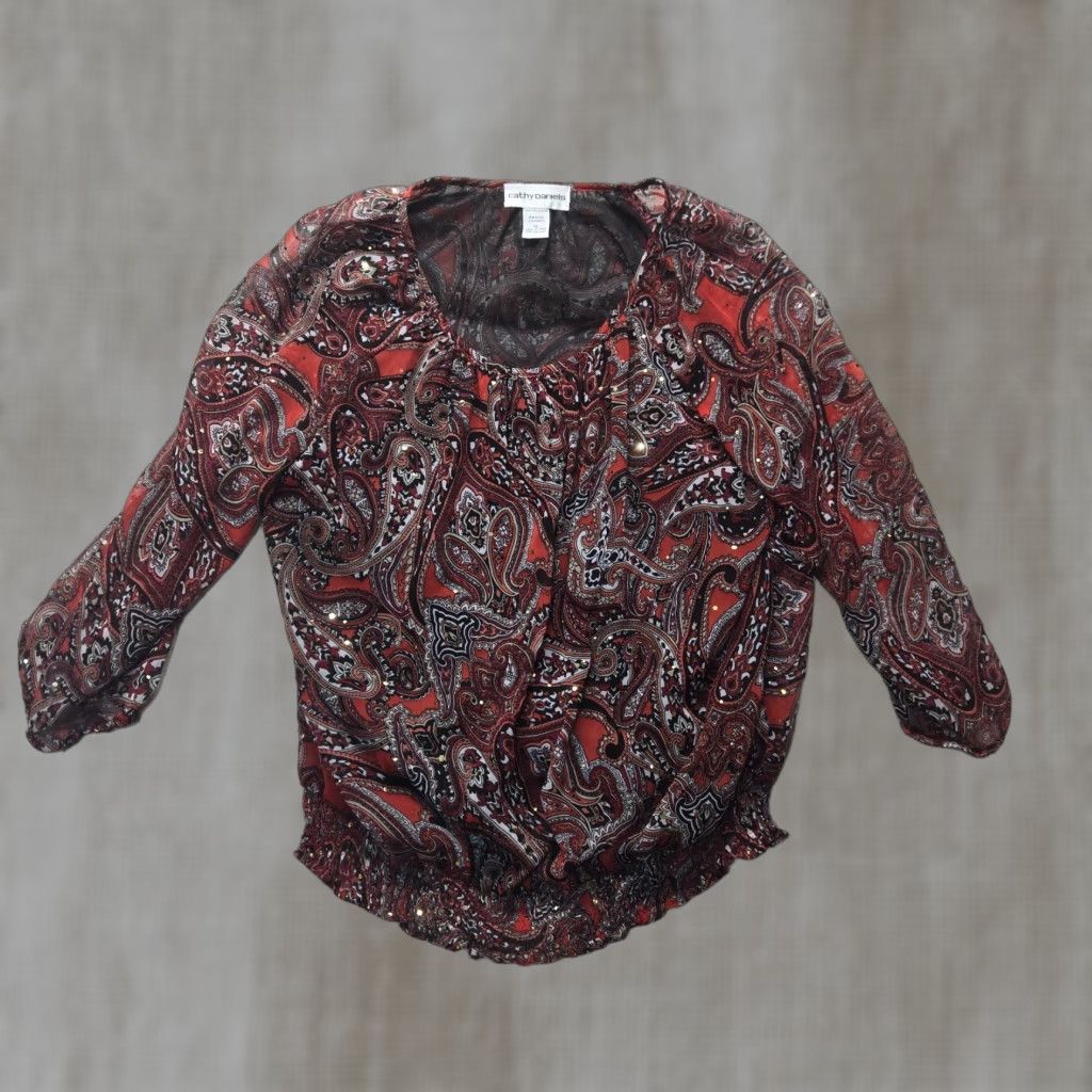 Vintage Cathy Daniels Shirt Womens XL Red Paisley 3/4 Sleeve Scoop Neck Blouse Top Adult Size XL / US 12-14 / IT 48-50 - 1 Thumbnail