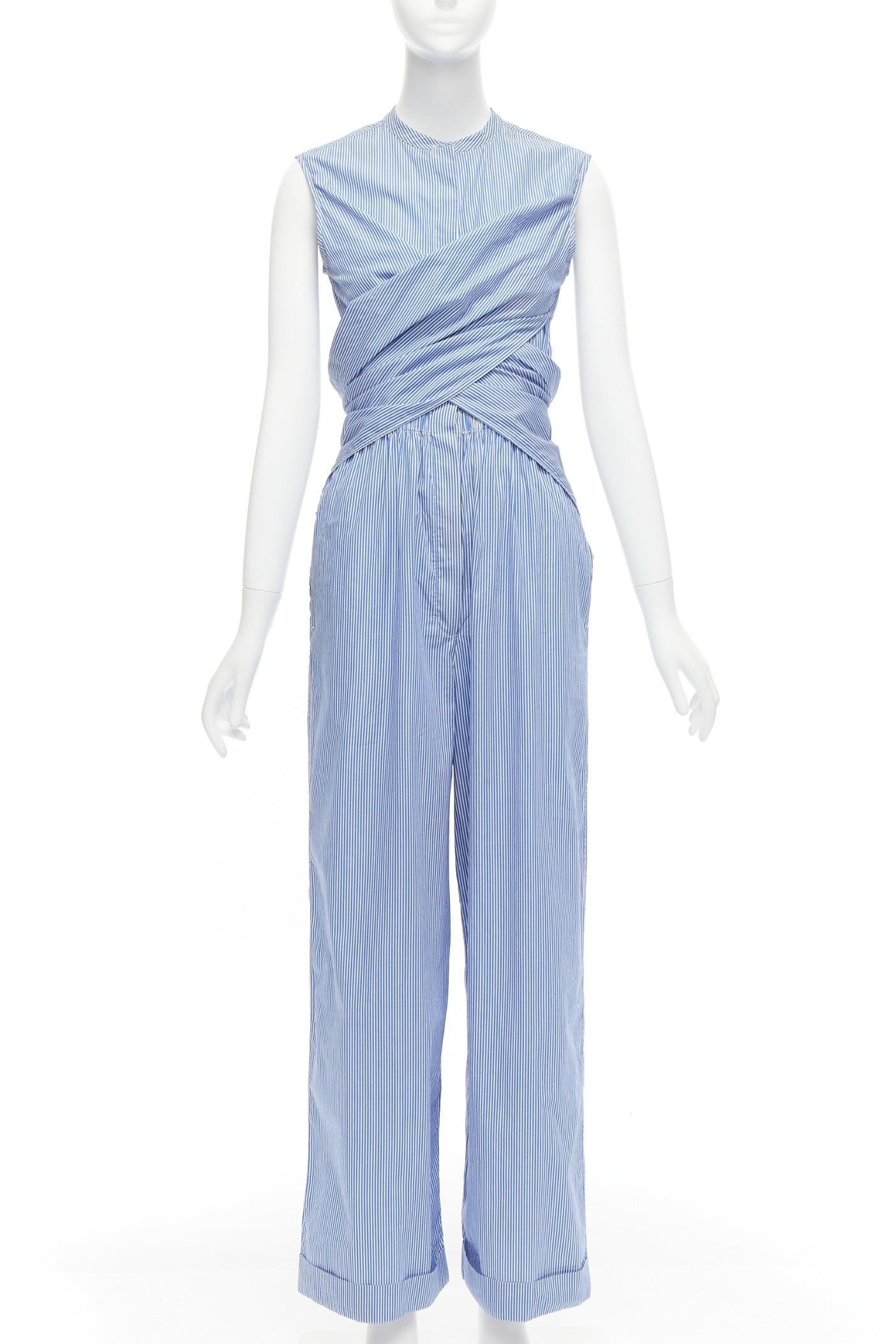 10 Corso Como 10 CORSO COMO blue white striped wrap top wide leg jumpsuit S Size 27" / US 4 / IT 40 - 1 Thumbnail