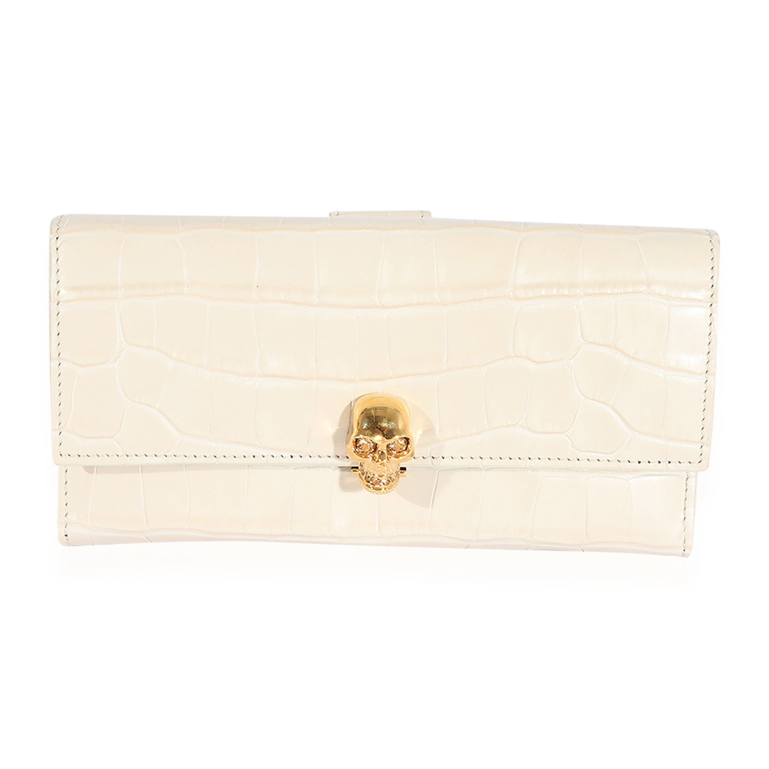 image of Alexander Mcqueen Cream Embossed-Calfskin Skull Wallet in Beige, Women's