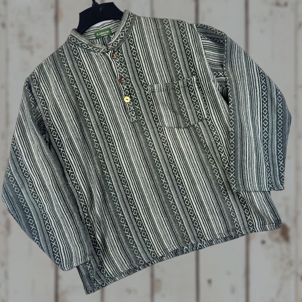 Kathmandu Kathmandu Imports Pullover Shirt Mens Large Striped Pocket Henley Button-Up Long Sleeve Gray Cotton Band Collarless Vintage No Size US M / EU 48-50 / 2 - 1 Thumbnail