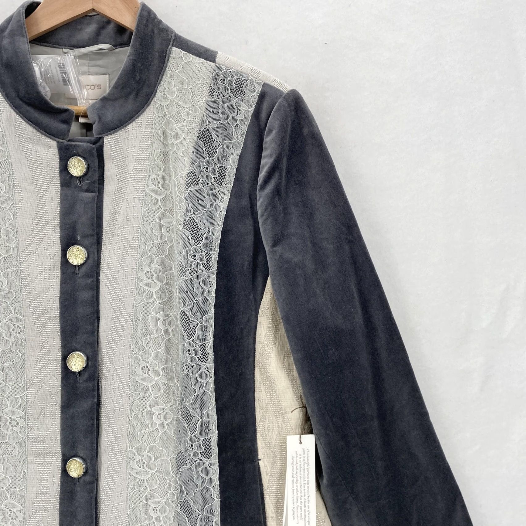 Vintage Chico's Duster Jacket Womens Gray Longline Velvet Lace Buttoned Overcoat 2 Adult L Casual Workwear Travel Size L / US 10 / IT 46 - 2 Thumbnail