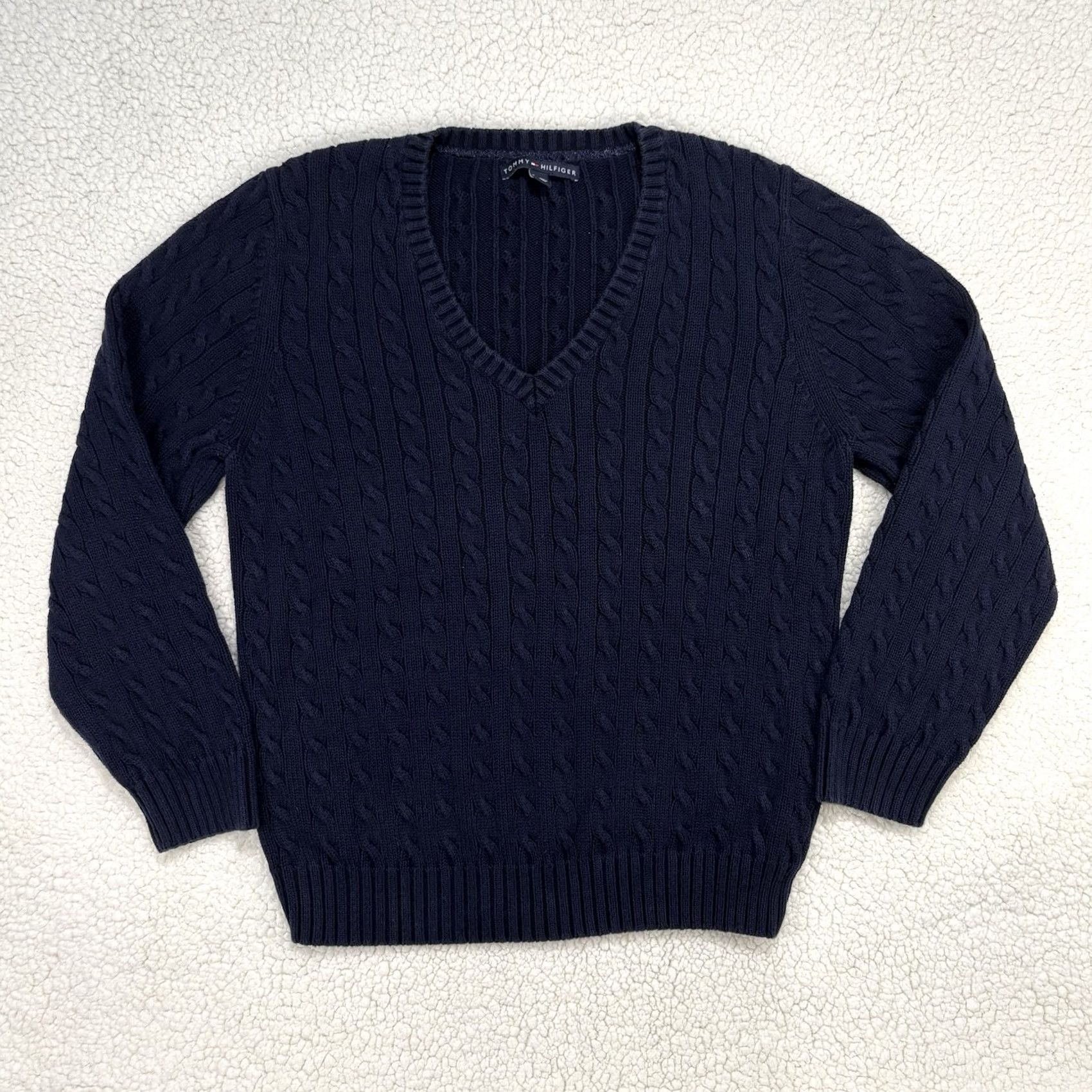 Tommy Hilfiger Tommy Hilfiger Cable Knit Jumper Sweater Mens 2XL Blue Cotton Pullover V-Neck Size US XXL / EU 58 / 5 - 2 Thumbnail