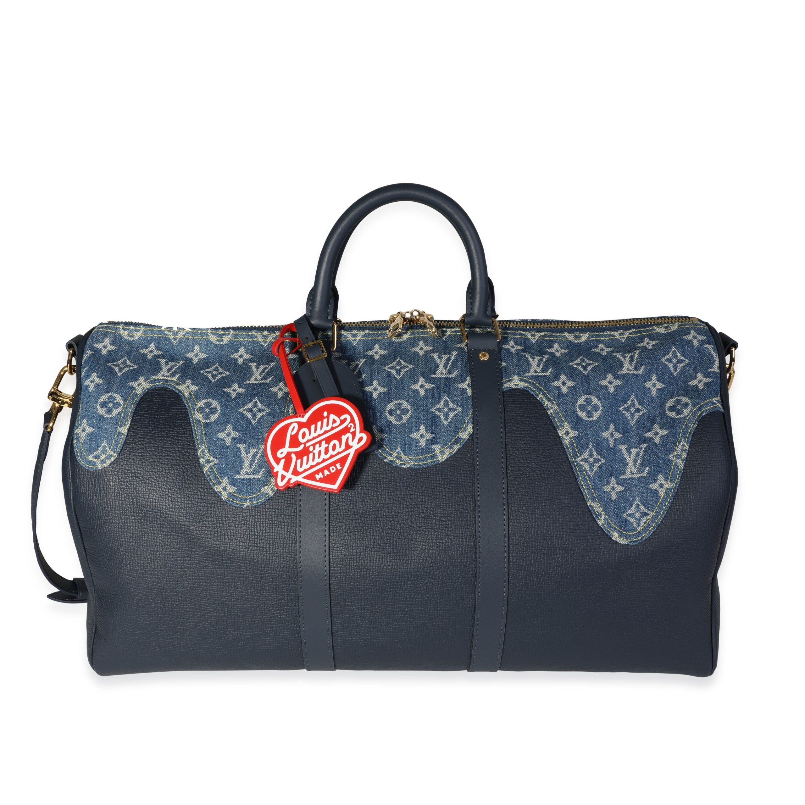 image of Louis Vuitton X Nigo Monogram Denim Drip & Taurillon Keepall Bandoulière 50 in Blue, Women's