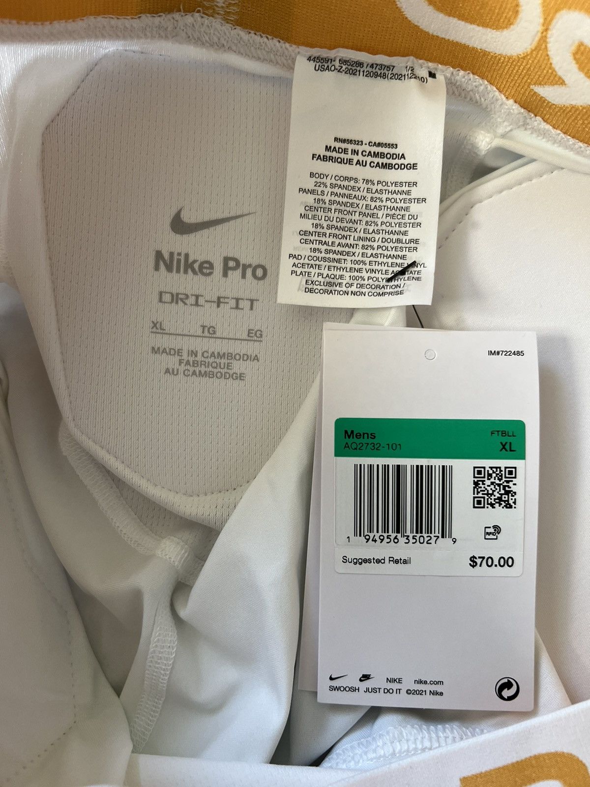 Nike Nike Pro Hyper Strong Football Padded Shorts White/Gold Size US 34 / EU 50 - 5 Thumbnail