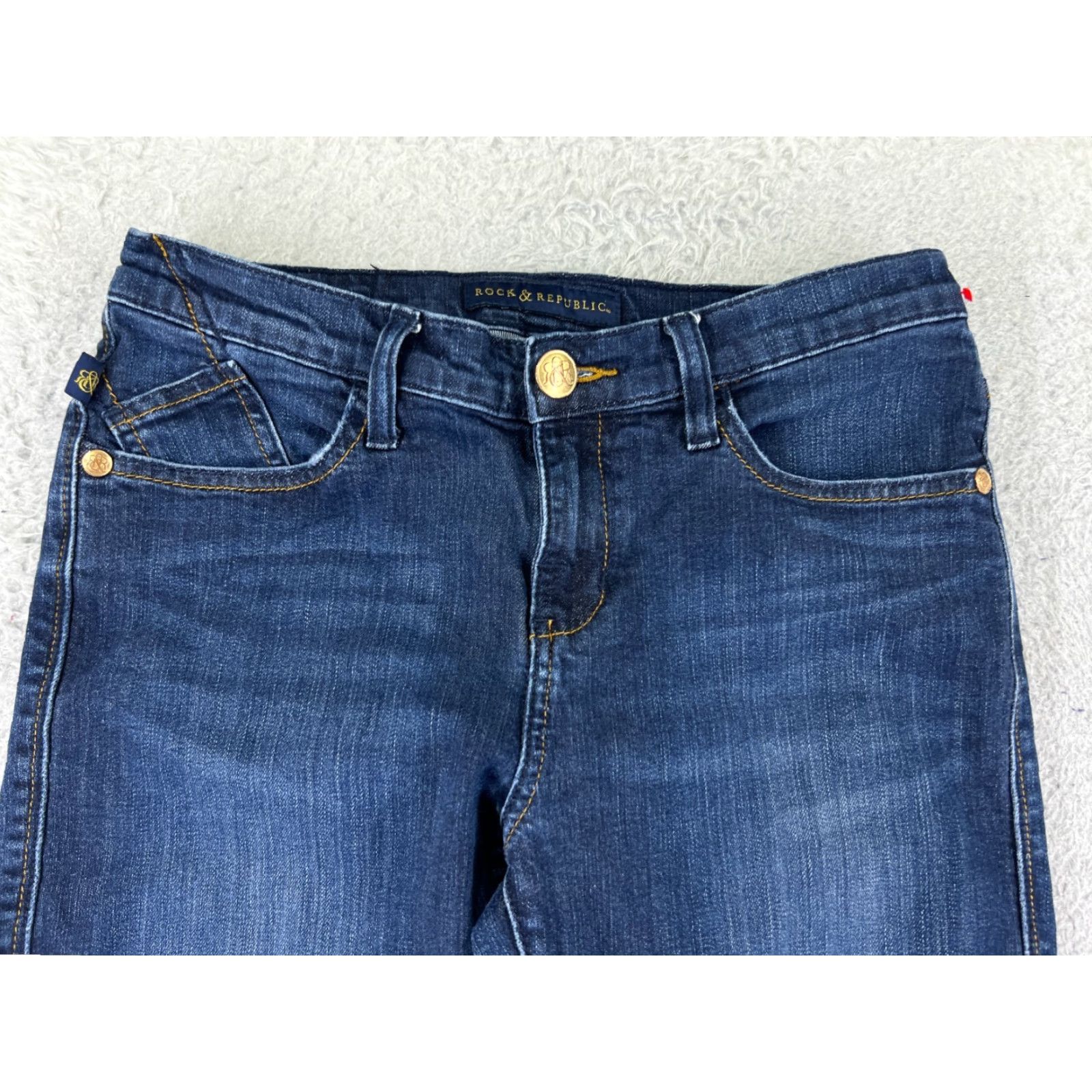 Vintage Rock & Republic Jeans Womens 8 Blue Denim Flared 5-Pocket Regular Stretch Cotton Blend Rock Pattern Vintage: No Size 30" / US 8 / IT 44 - 7 Thumbnail