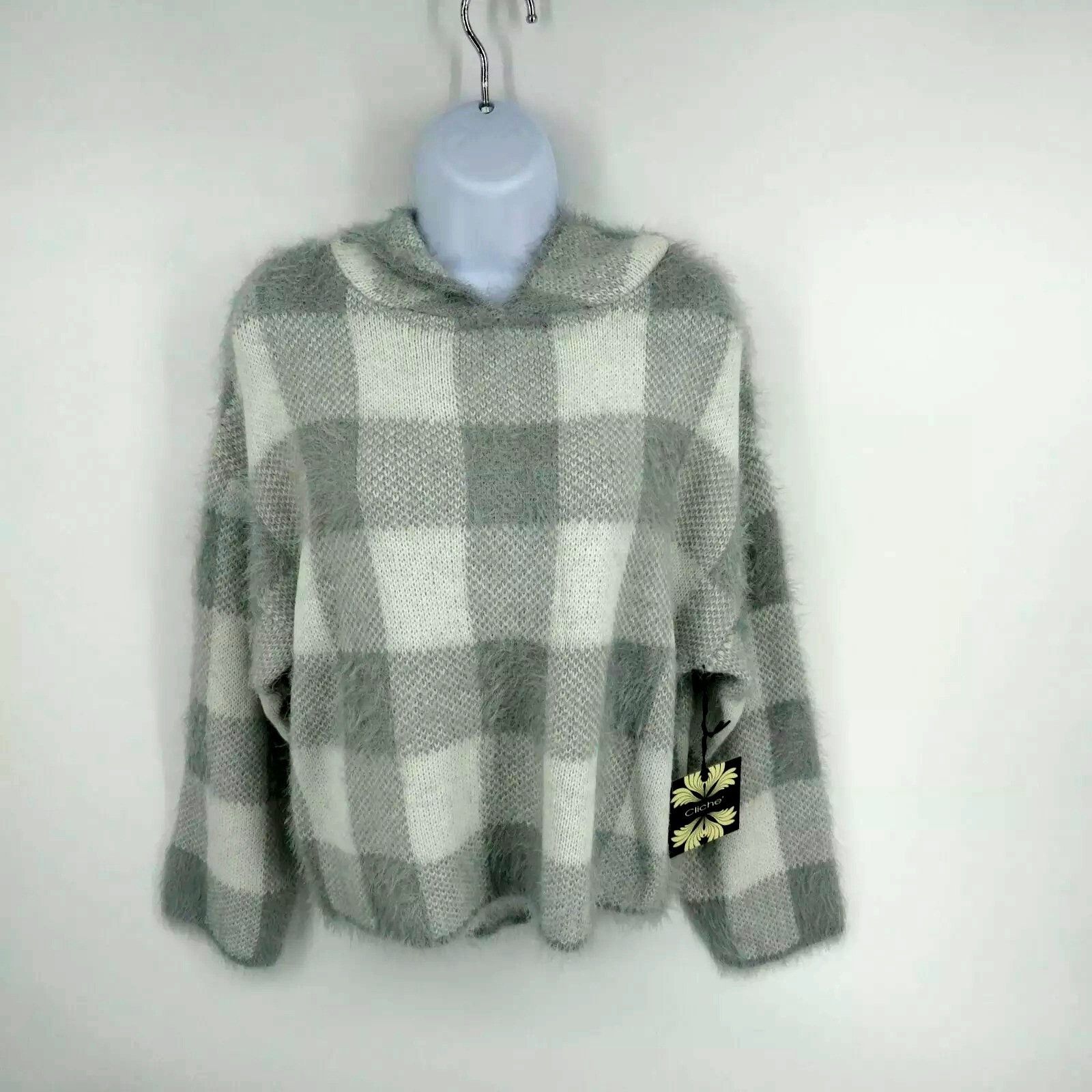 Other Cliche' Gray & White Plaid Large Hooded Sweater NWT Size L / US 10 / IT 46 - 1 Thumbnail