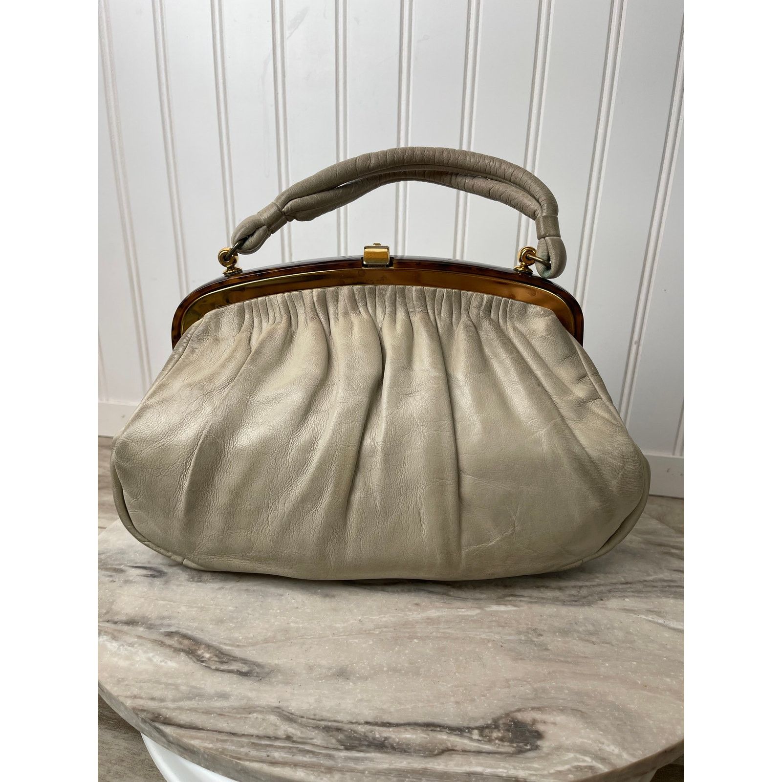 Vintage Etra VTG 50-60s Pleated Leather Handbag Elbief Frame White Size ONE SIZE - 1 Thumbnail