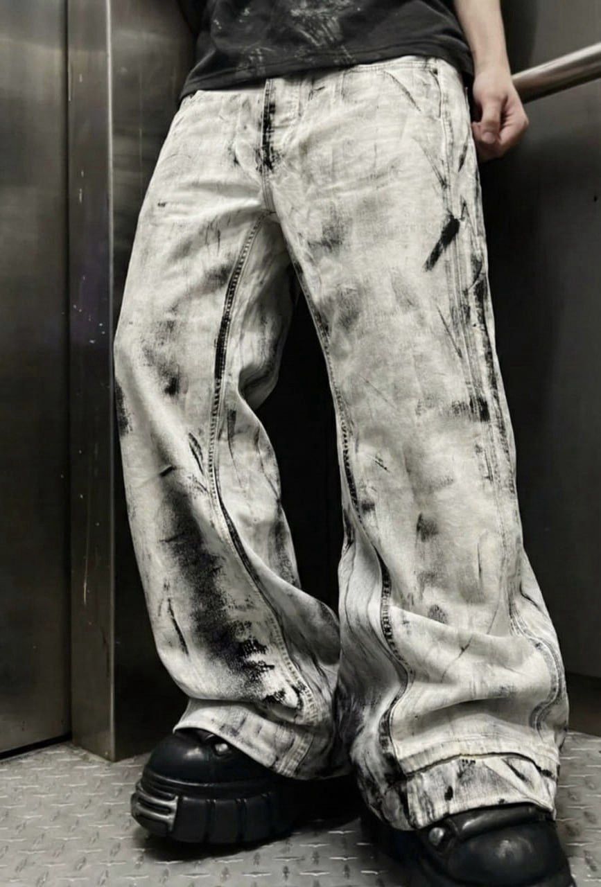 Japanese Brand Custom white Baggy Distressed Jeans Painted Wide Leg Size US 31 - 2 Thumbnail