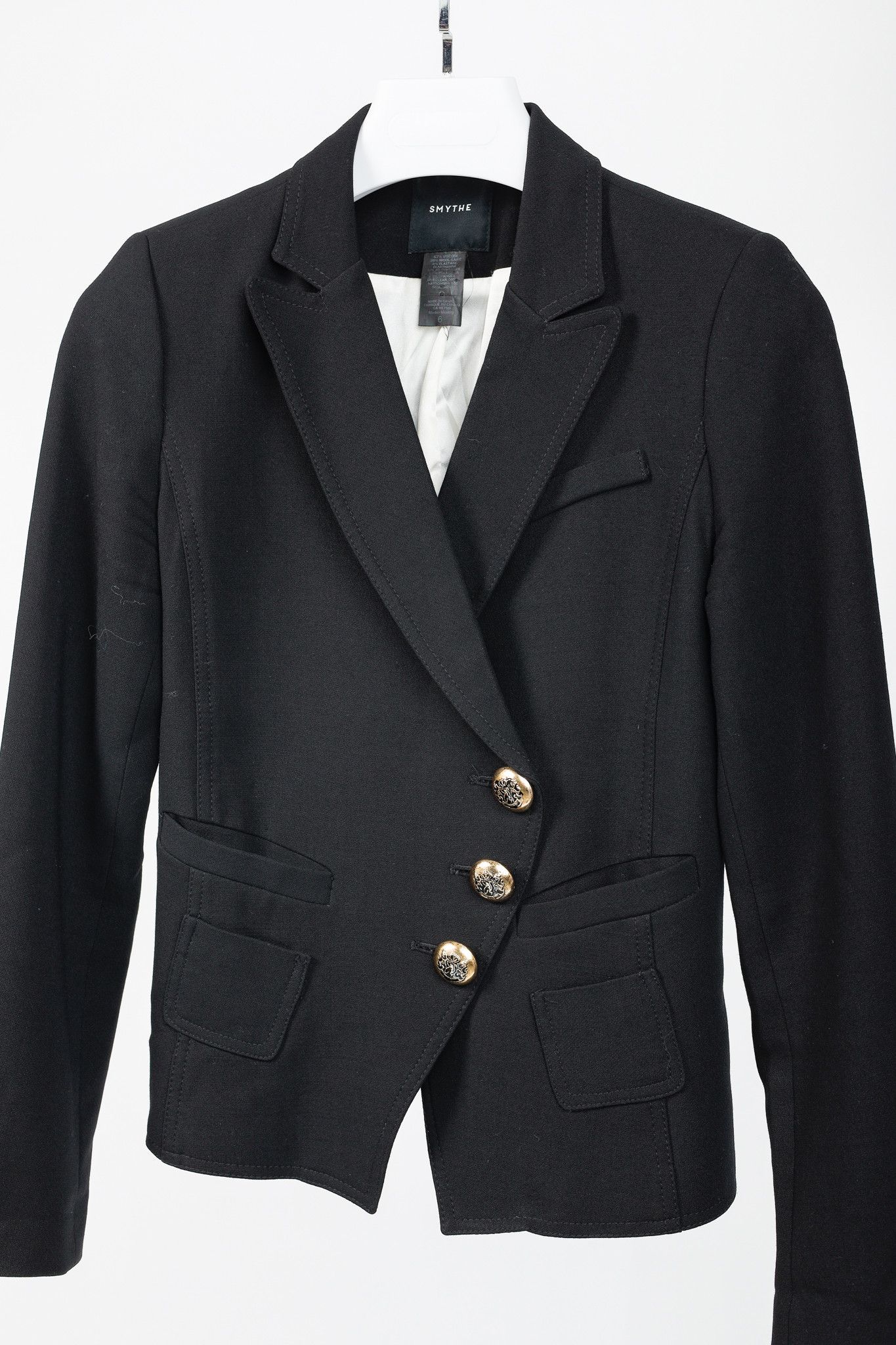 SMYTHE Smythe Black Wool-Blend 3-Button Wrap Blazer Size M / US 6-8 / IT 42-44 - 3 Thumbnail