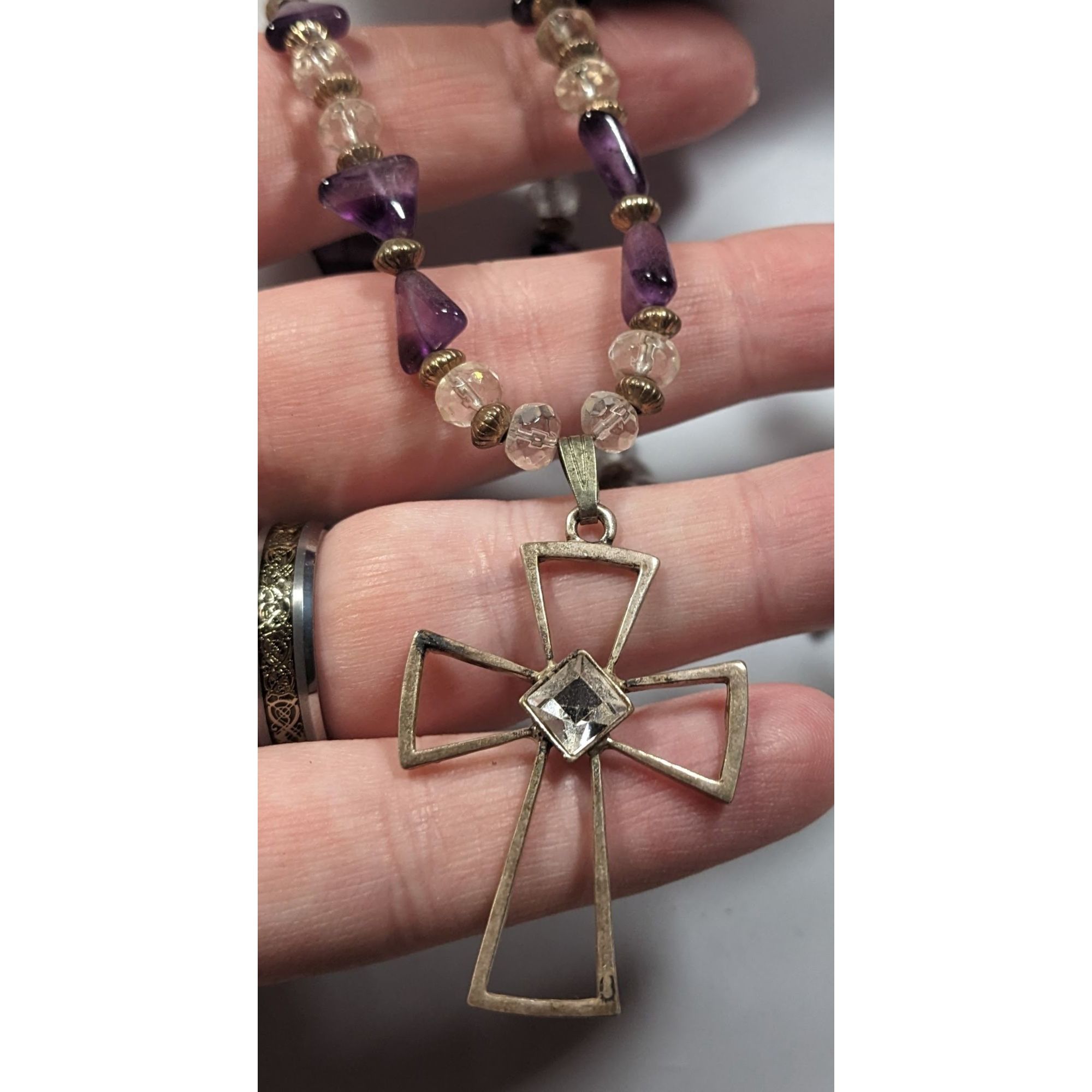 Other Amethyst And Glass Beaded Open Silver Tone Cross Pendant Nec Size ONE SIZE - 5 Thumbnail