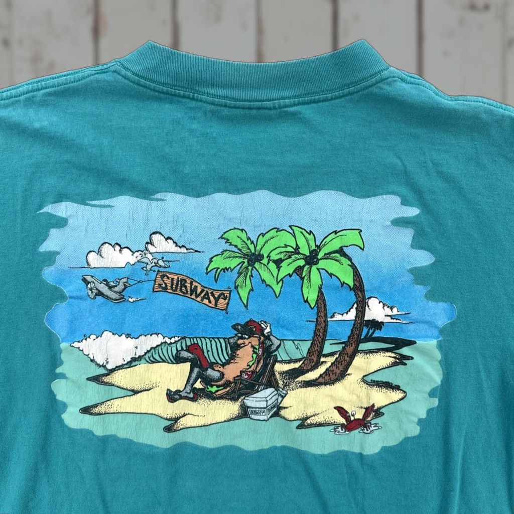 Vintage VINTAGE Oneita Mens XL Green Single Stitch Shirt USA 90s Subway Sandwiches Promo Crew Neck Short Sleeve Mens Shirt Blue/Green 90s Theme Size US XL / EU 56 / 4 - 1 Thumbnail