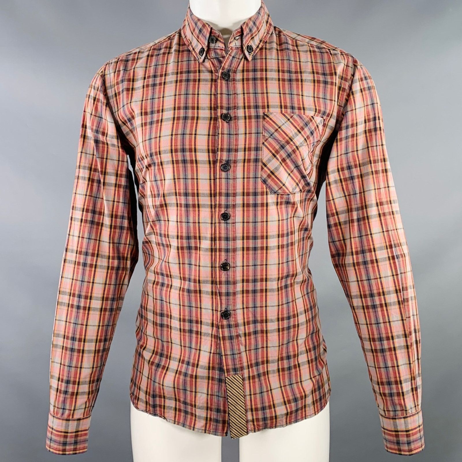 Billy Reid Red Grey Plaid Cotton One Pocket Button Down Collar Shirt Size US S / EU 44-46 / 1 - 1 Thumbnail