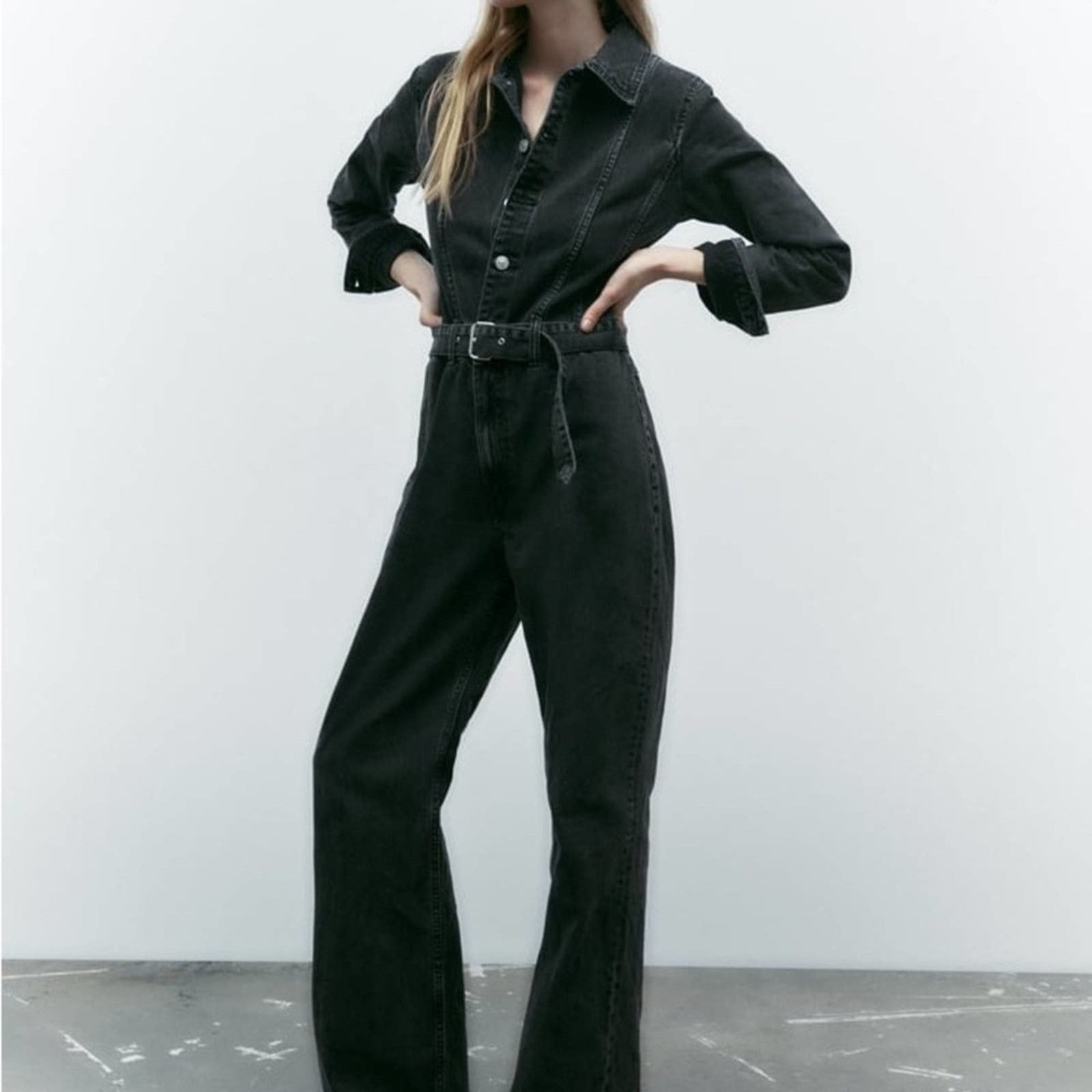 Zara ZARA FULL LENGTH TRF DENIM JUMPSUIT ANTHRACITE GREY Size 26" / US 2 / IT 38 - 6 Thumbnail