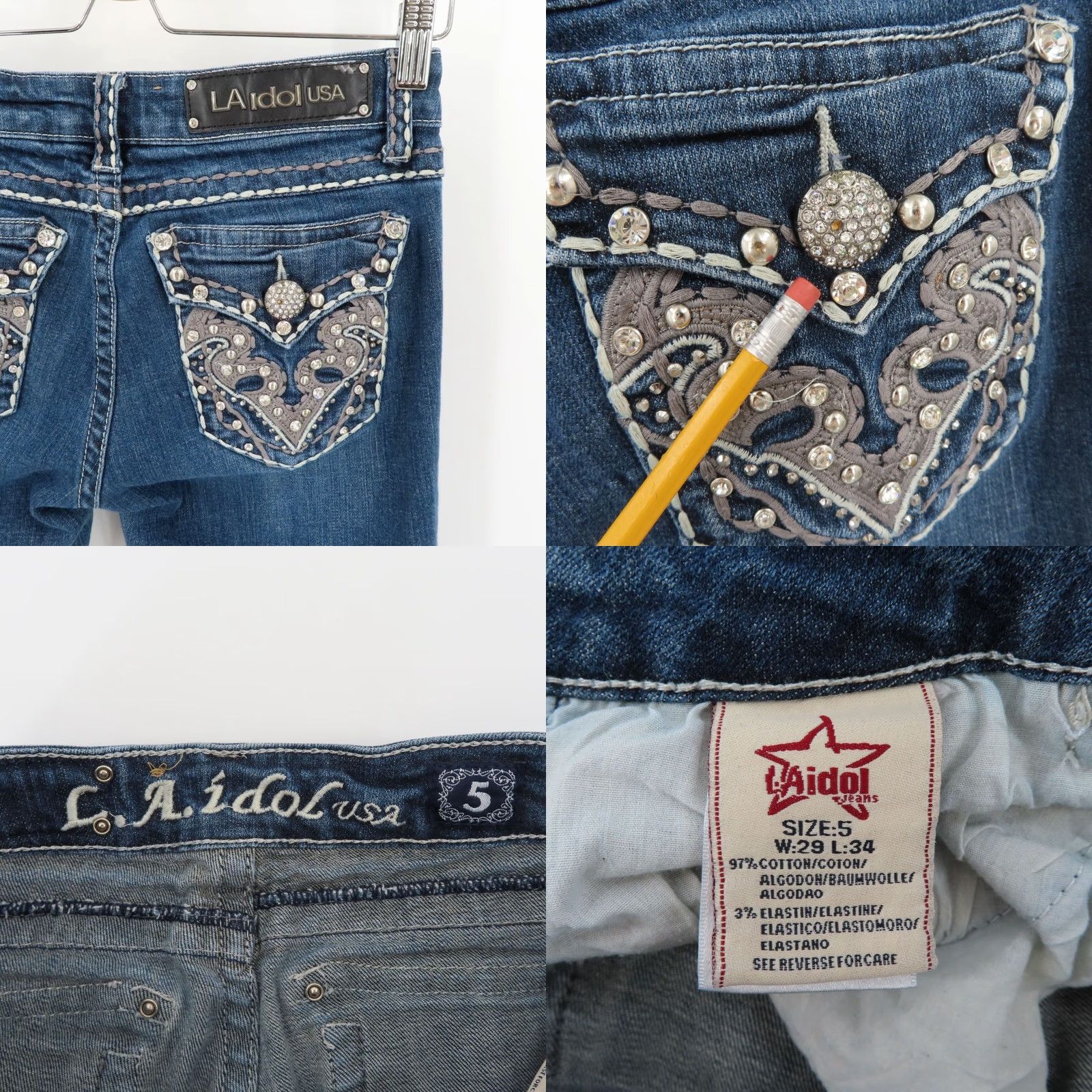 Denime LA Idol Jeans Bootcut Denim 5 Juniors Low Rise Rhinestone Blue 5-Pocket Regular Womens Vintage: No Size 27" / US 4 / IT 40 - 8 Thumbnail