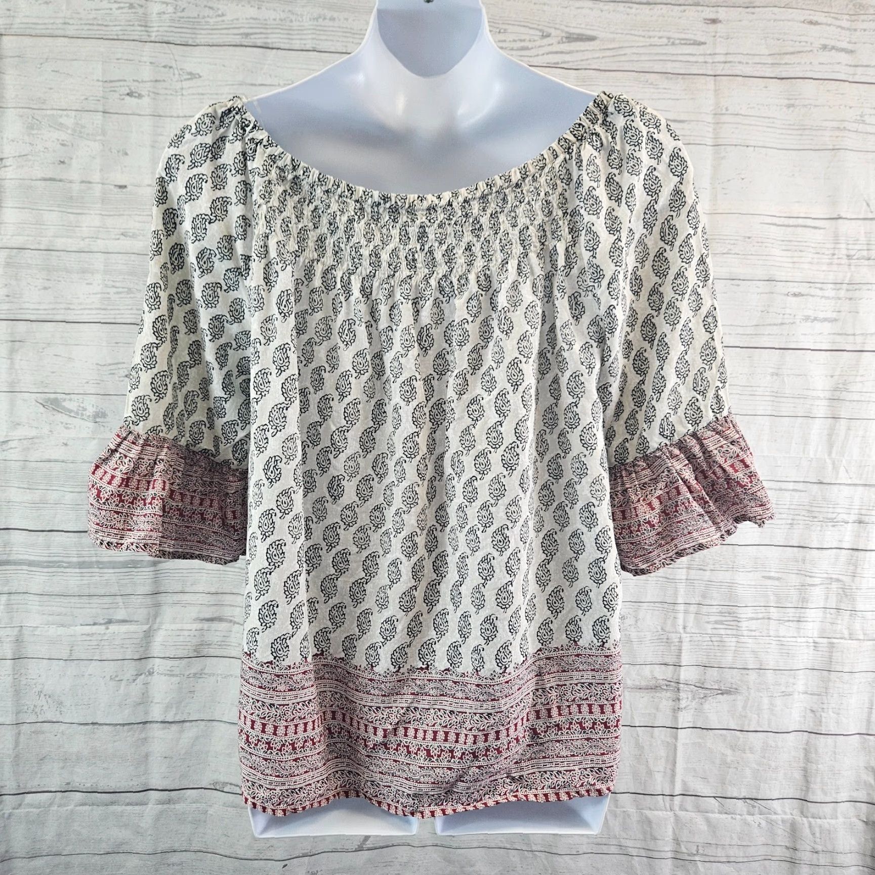 Vintage VINTAGE Beach Lunch Lounge Womens Blouse Off The Shoulder 3/4 Sleeve Size 1X Gray Red Viscose Womens Size XL / US 12-14 / IT 48-50 - 4 Thumbnail