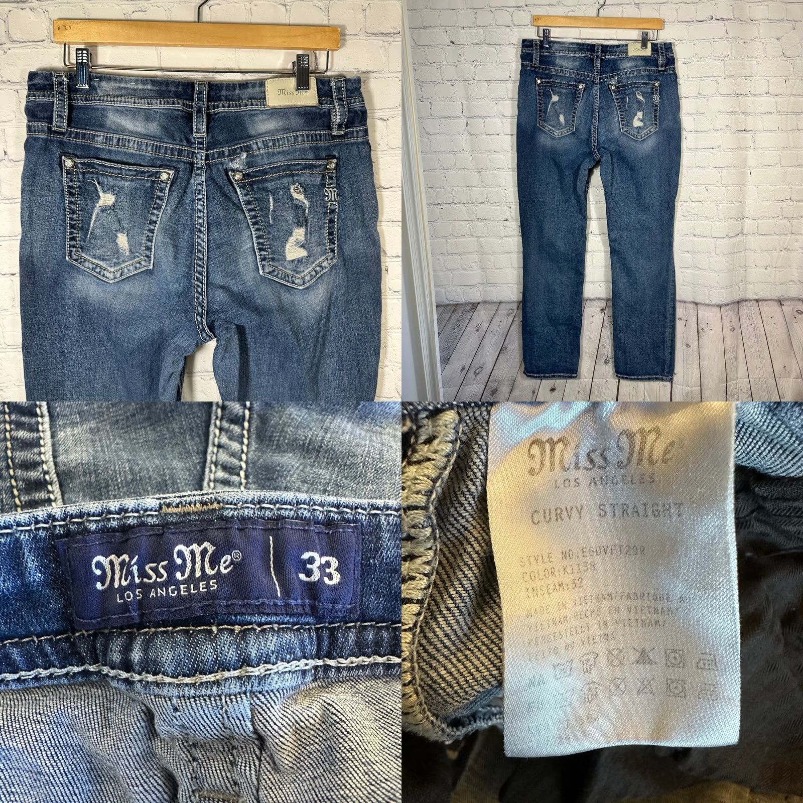 Miss Me Miss Me Jeans Distressed Straight Leg Medium Wash Blue Denim Embellished Rhinestone Pockets 5-Pocket Logo M Western Y2K Womens 32x33 Jeans Size 24" / US 00 / IT 34 - 8 Thumbnail