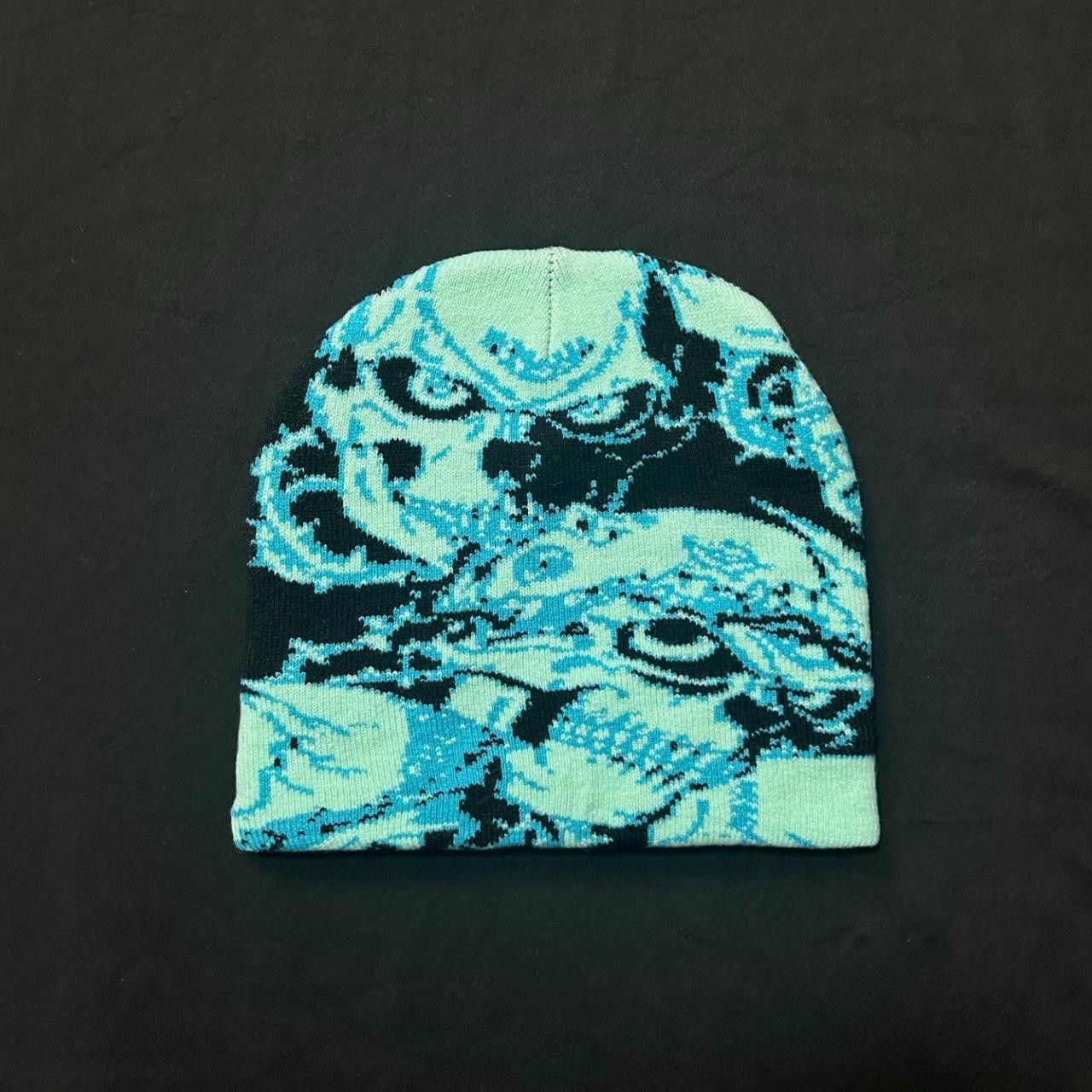 Japanese Brand Repeating Skull Pile Graphic No Cuff Knit Beanie Blue Hat Size ONE SIZE - 5 Thumbnail