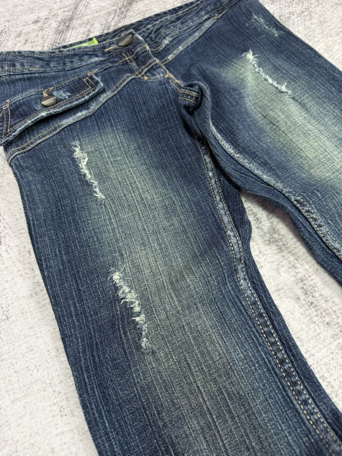 Japanese Brand × Le Grande Bleu (L.G.B.) × Tornado Mart GHC Deconstructed Panel Green Mud Wash Low Rise Flared Jeans Size US 27 - 11 Thumbnail
