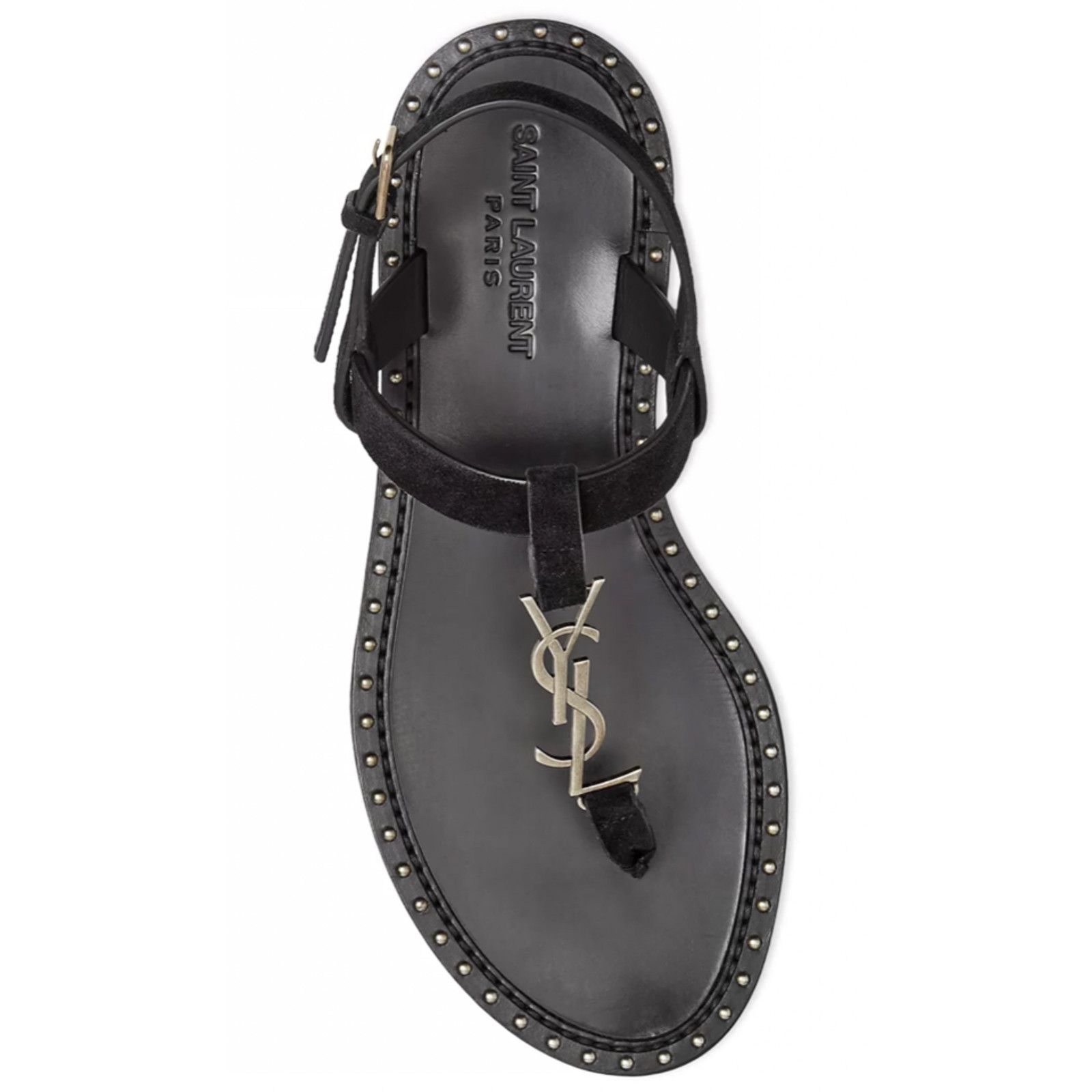 YSL Logo Iota Black Suede Studded Thong Slide Flat Sandal 39