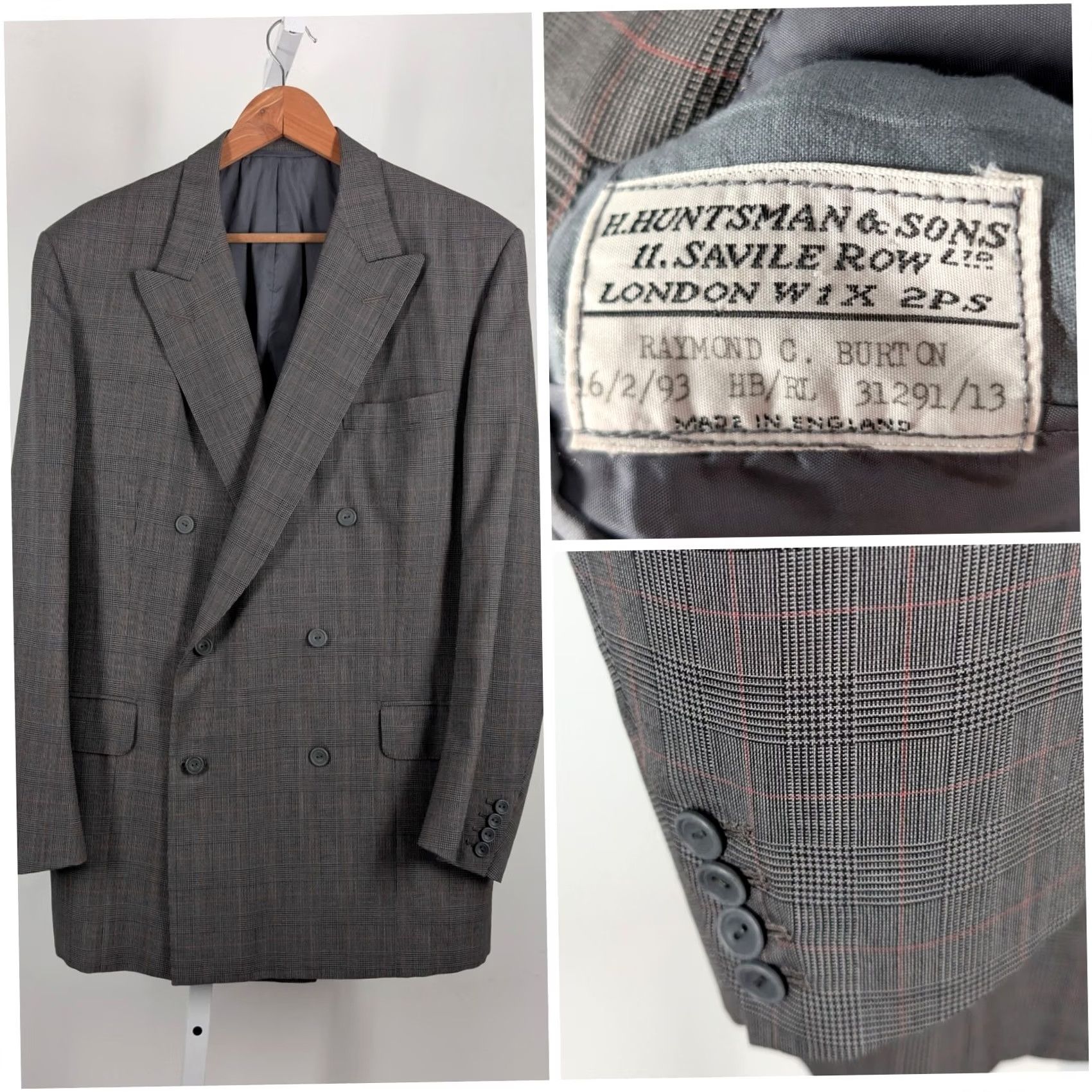 Huntsman VINTAGE Huntsman Savile Row Bespoke Double-Breasted Glen Plaid Suit Jacket England 90s Mens 42 Gray Blazer Jacket Size 42R - 2 Thumbnail