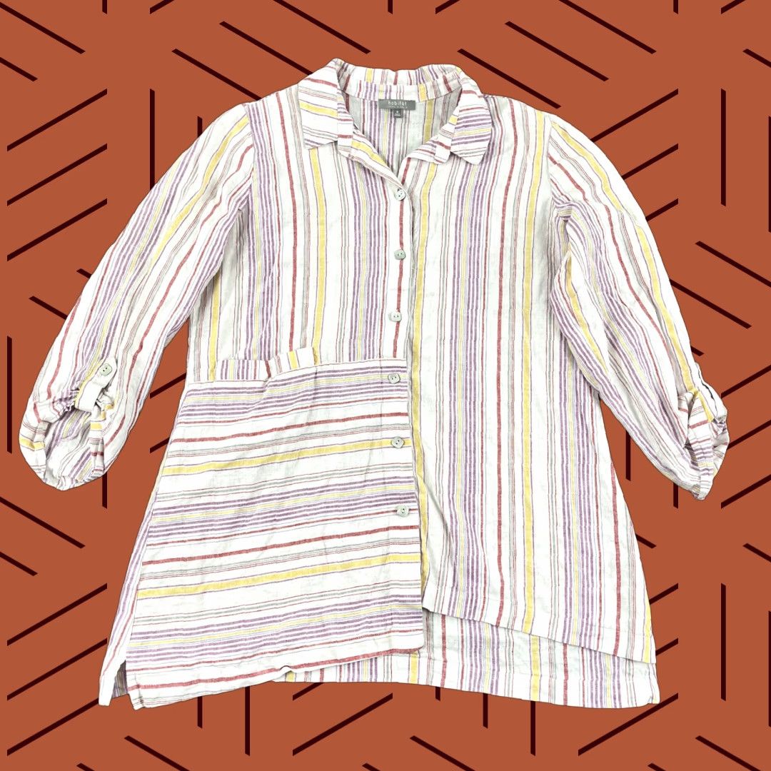 Habitat Habitat Shirt Womens M Striped Linen Cotton Blend Roll Tab Tunic Top Casual Travel Workwear Modern Classic Outdoors Size M / US 6-8 / IT 42-44 - 1 Thumbnail