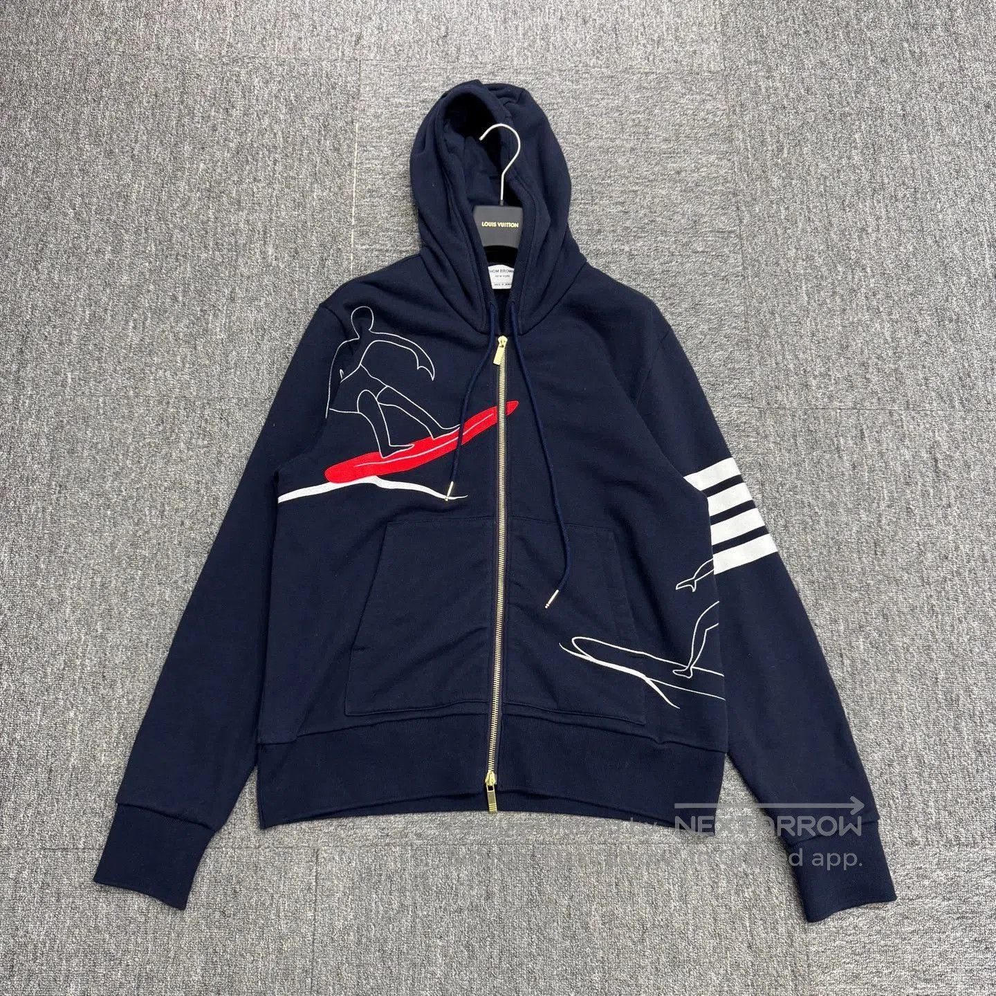 Thom Browne Blue Zip-Up Hoodie with Surfer Graphic and Striped Sleeves. Size US M / EU 48-50 / 2 - 1 Thumbnail