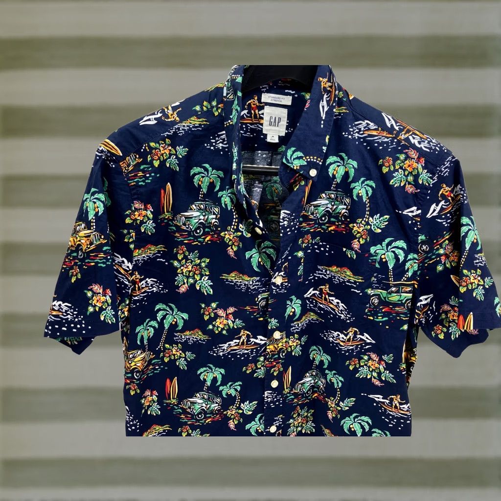 Gap Gap Hawaiian Shirt Mens Medium Blue Palm Tree Graphic Short Sleeve Button-Up Plunge into Beach Style Size US M / EU 48-50 / 2 - 1 Thumbnail