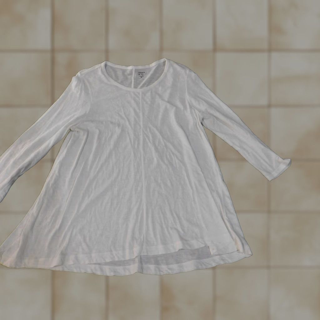 Vintage Crown & Ivy Blouse Shirt Women Medium White Round Neck Cotton Rayon Pullover Casual Fit Regular Stretch Classic Size M / US 6-8 / IT 42-44 - 1 Thumbnail