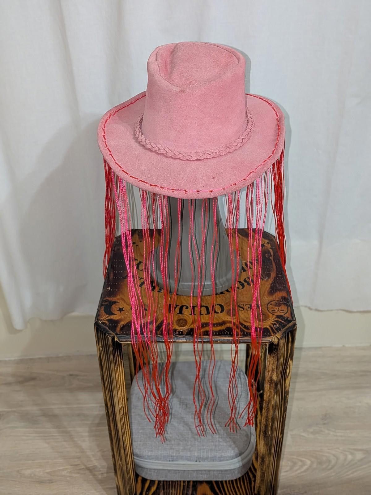 The Unbranded Brand Upcycled Cowgirl Pink Suede Neon UV Reactive Fringe Rave Hat Size ONE SIZE - 7 Thumbnail