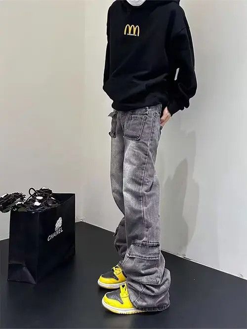 image of Vintage Washed Multi-Pocket Jeans in Black, Men's (Size 32)
