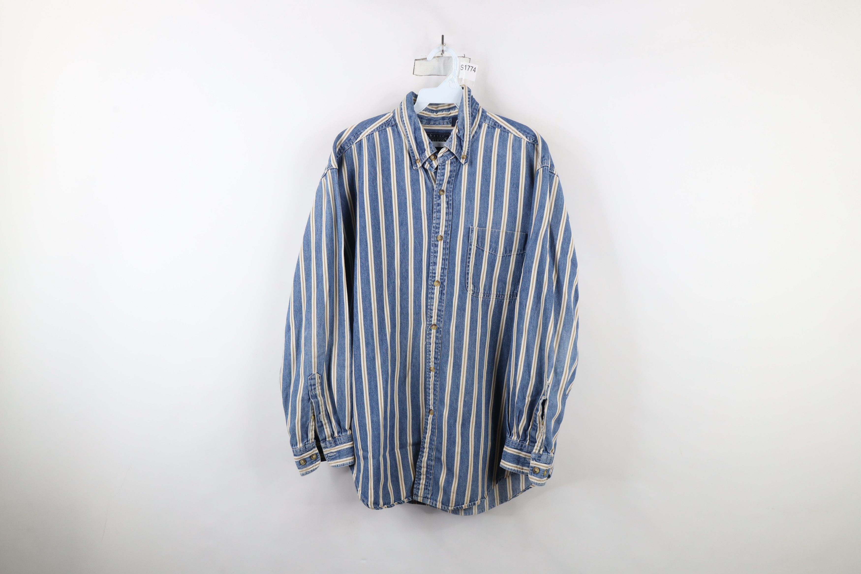 Vintage Vintage 90s Streetwear Striped Denim Jean Button Down Shirt Size US M / EU 48-50 / 2 - 1 Thumbnail