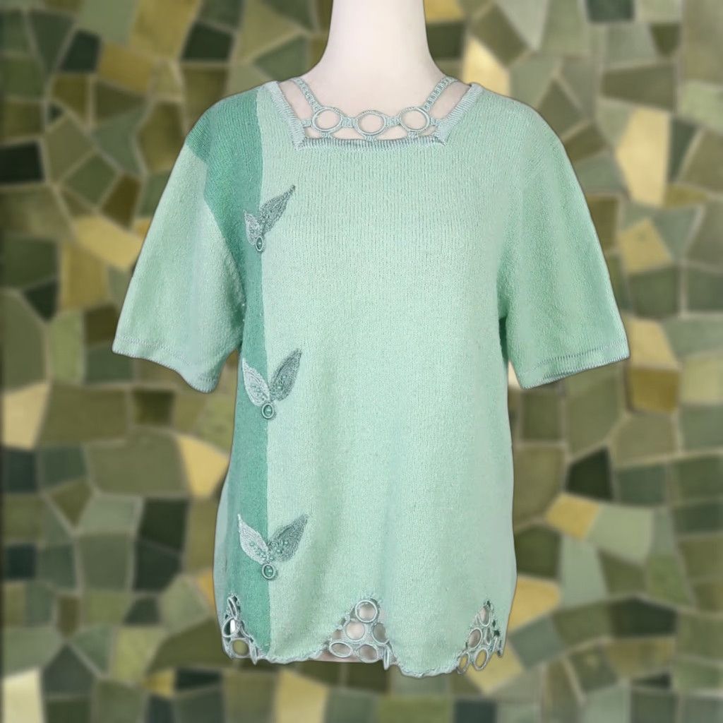 Vintage VINTAGE 90s Moffi International mint green cut-out knit sweater M Size M / US 6-8 / IT 42-44 - 1 Thumbnail