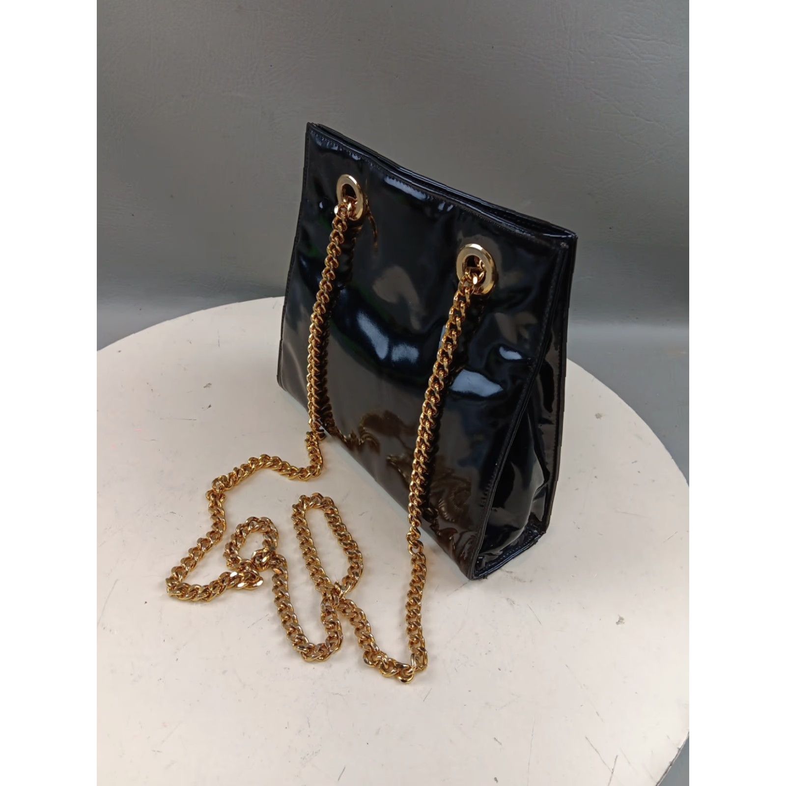 Neiman Marcus VINTAGE Neiman Marcus Purse Crossbody Bag Black Patent Leather Chain Strap EUC Size ONE SIZE - 3 Thumbnail