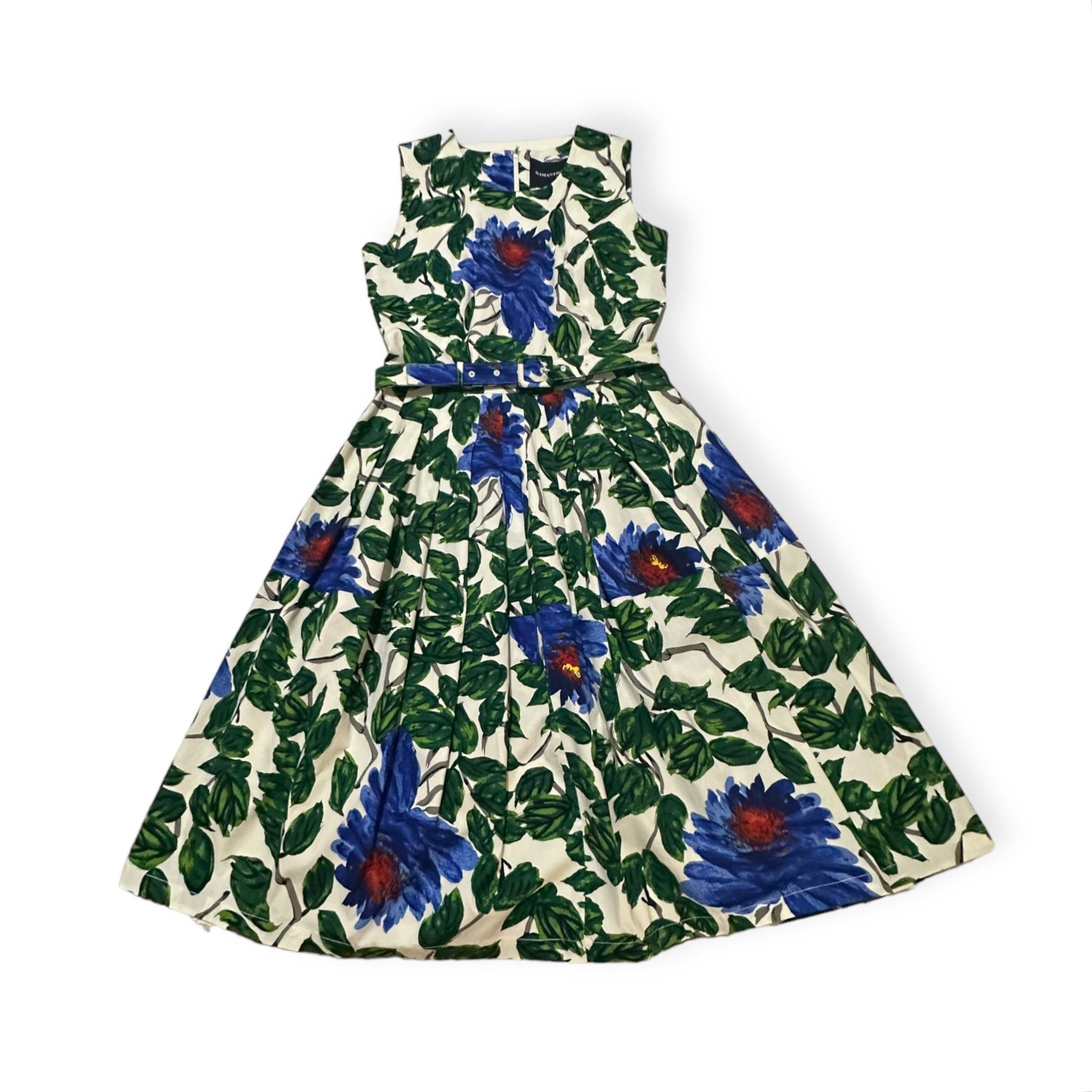 image of Samantha Sung Rachel A-Line Dress, Blue, Green Floral Print in Blue/White/Green, Women's (Size Smal