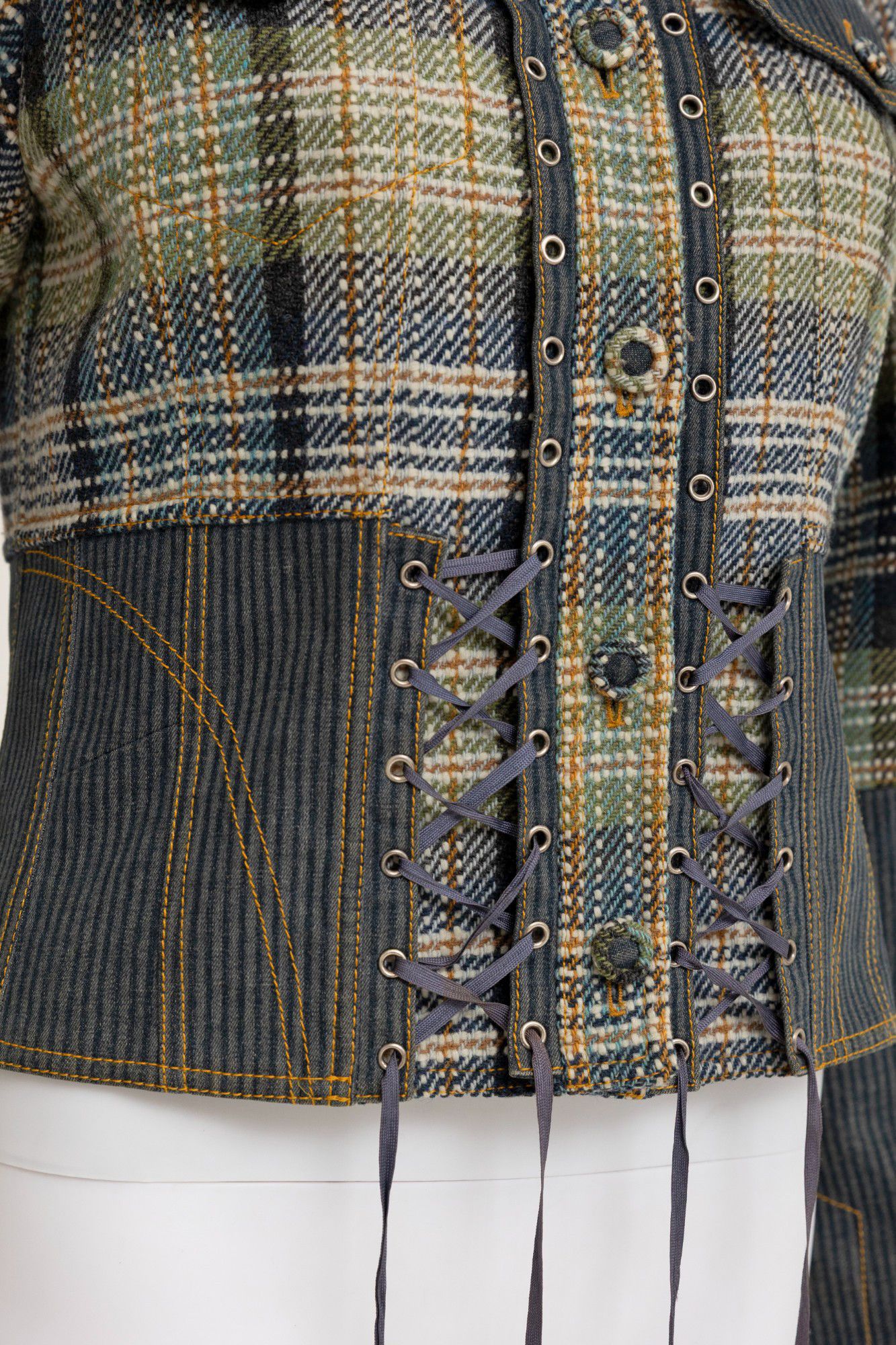 John Galliano Spring 2005 Chequered Bondage Green and Blue Silk Jacket Size M / US 6-8 / IT 42-44 - 6 Thumbnail