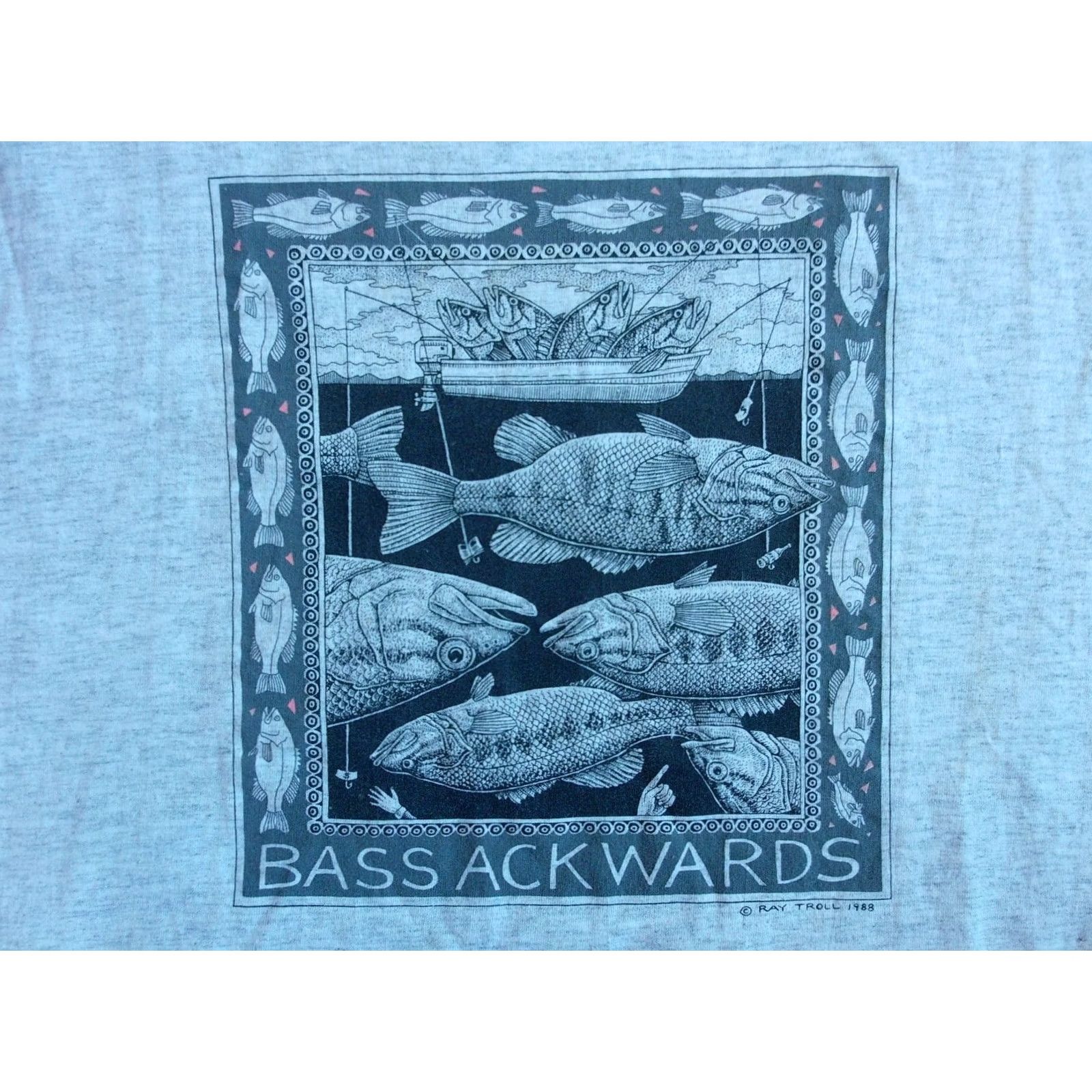 Lee RAY TROLL Bass Ackwards 1988 VTG Graphic T Shirt Men's XL Lee Gray Cotton Short Sleeve Vintage 80s Marine Art Nautical Fish Outdoors Mens XL Size US XL / EU 56 / 4 - 3 Thumbnail