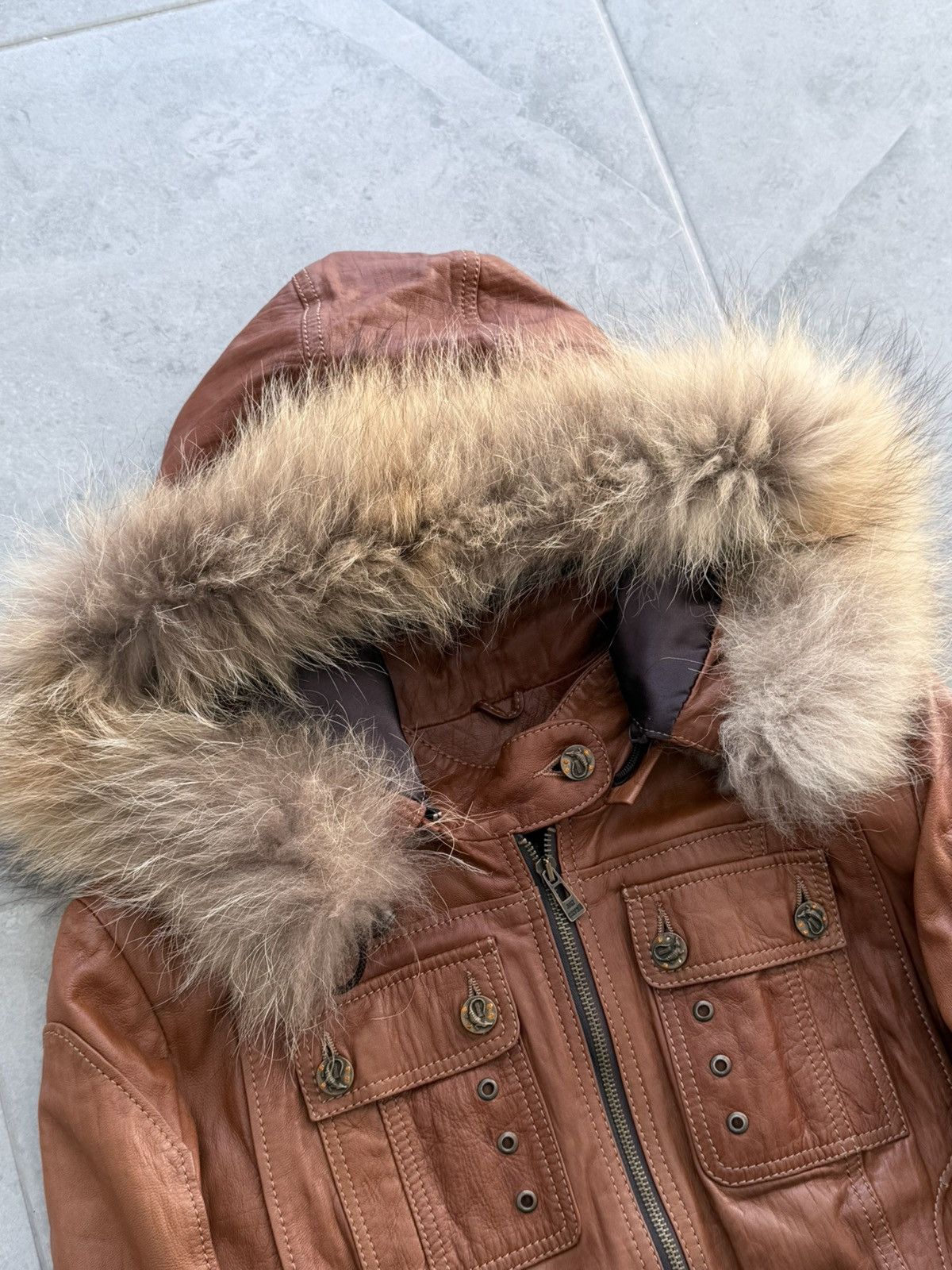 Just Cavalli 2000s Cavalli Cargo Fur Hood Leather Jacket Size S / US 4 / IT 40 - 2 Thumbnail