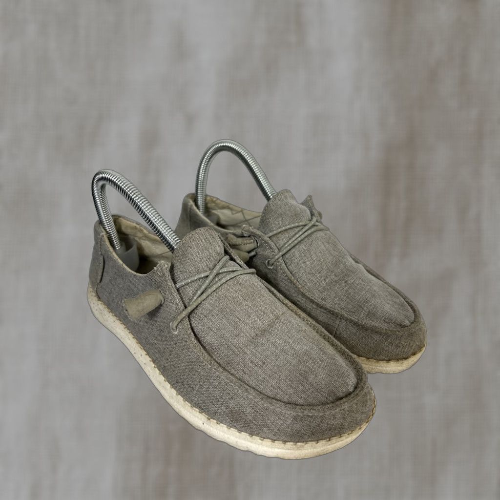 Vintage Hey Dude Women Wendy Woven Taupe Loafers Gray Casual Slip On Flat Heel 6 US 4 UK Round Toe Cotton Lining Low Top Women Size US 4 / IT 34 - 1 Thumbnail