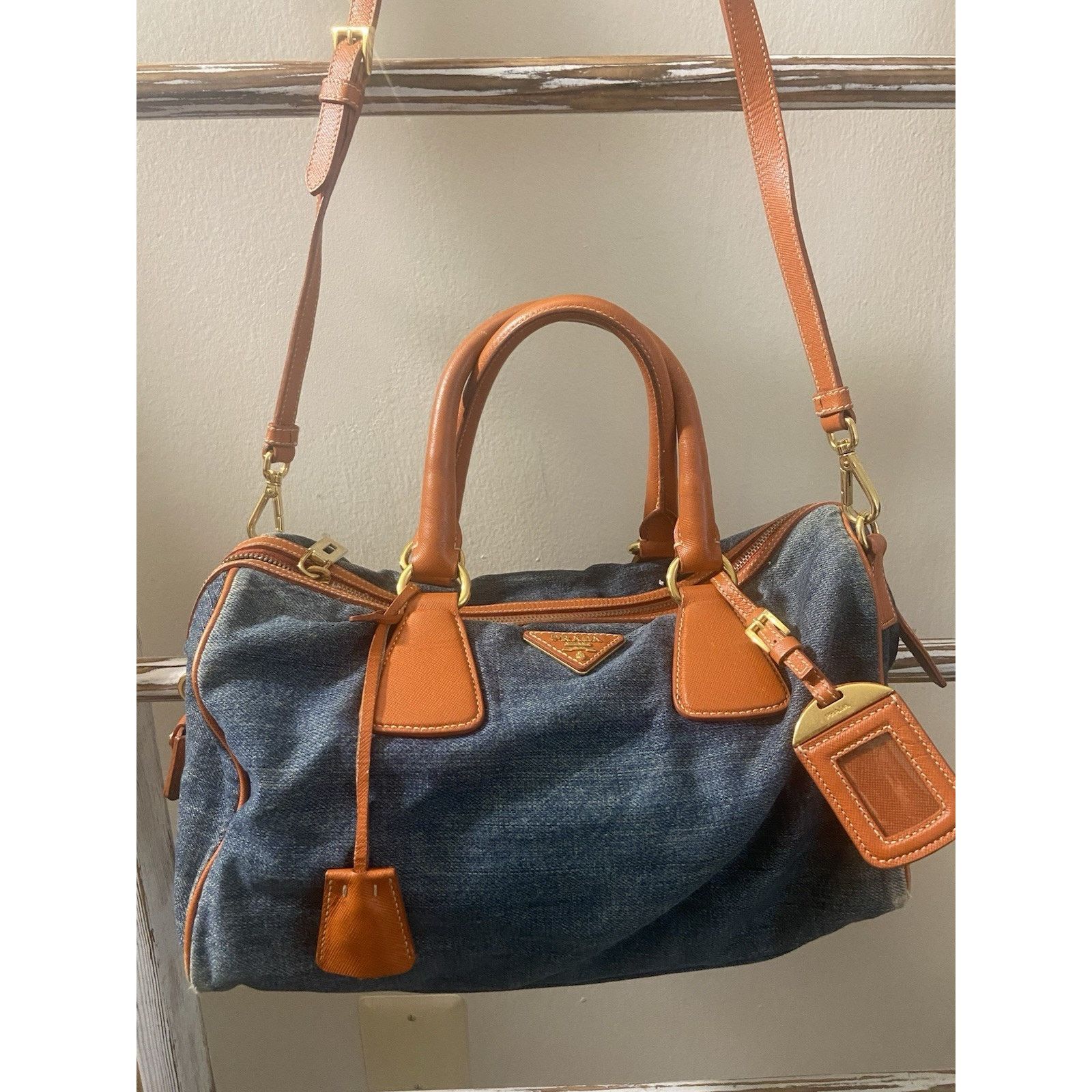 Prada Prada Bauletto blue denim orange saffiano 2way handbag, good Size ONE SIZE - 2 Thumbnail