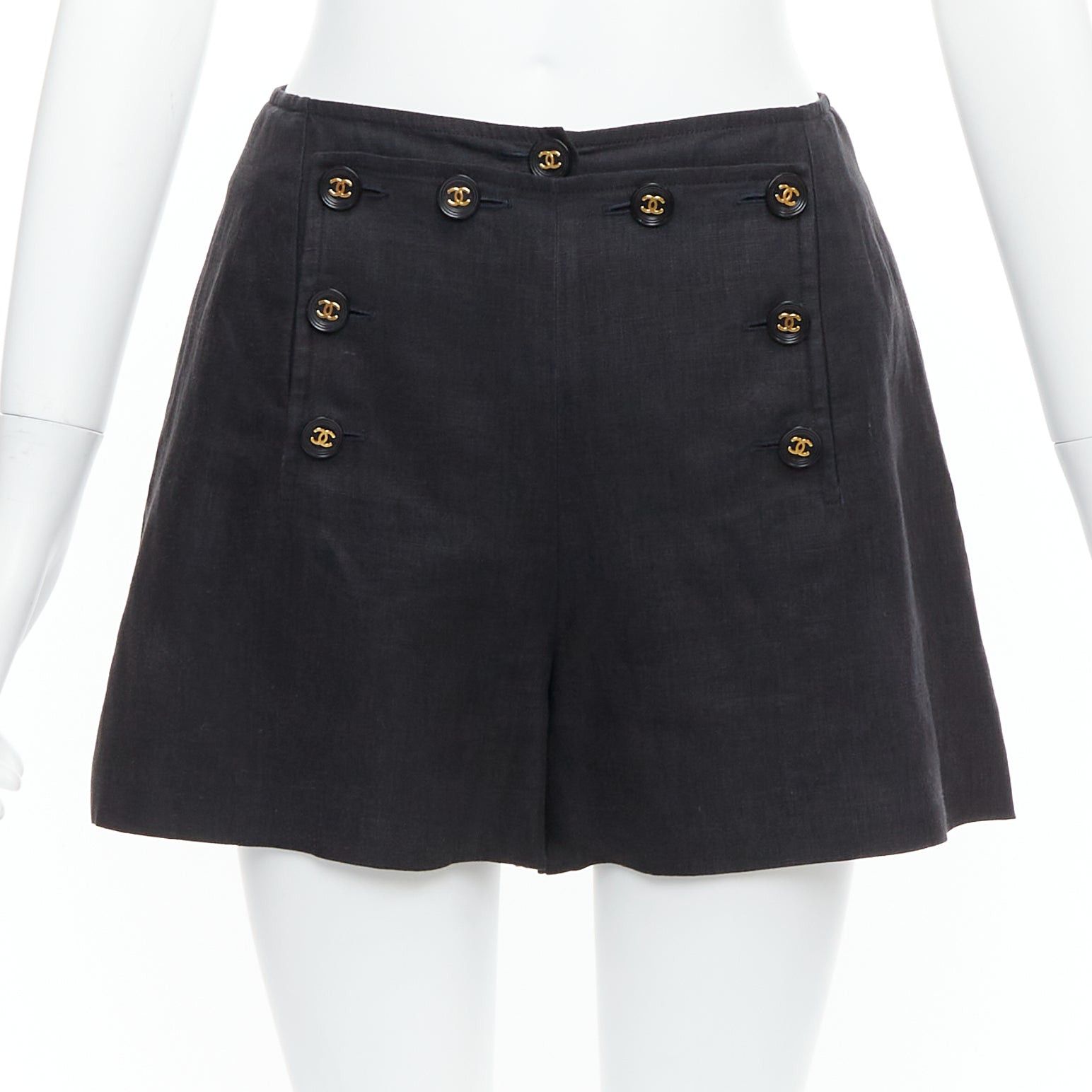 Chanel rare CHANEL 94P Vintage black linen gold CC logo buttons sailor shorts FR36 S Size 27" / US 4 / IT 40 - 1 Thumbnail
