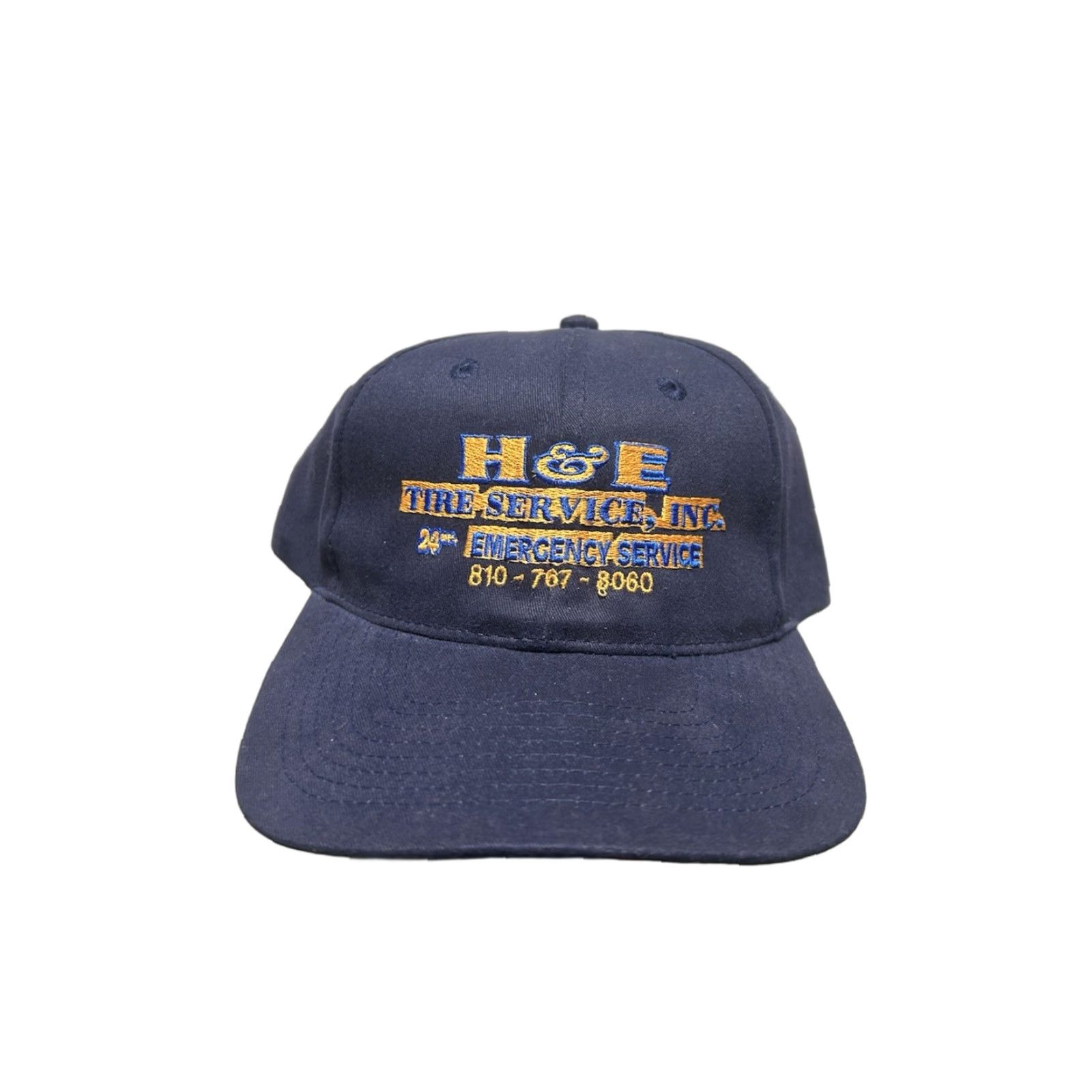 Vintage VINTAGE SnapBack Hat Cap H&E Tire Service Navy Blue Adjustable Car Mechanic Mens Adjustable Size ONE SIZE - 1 Thumbnail