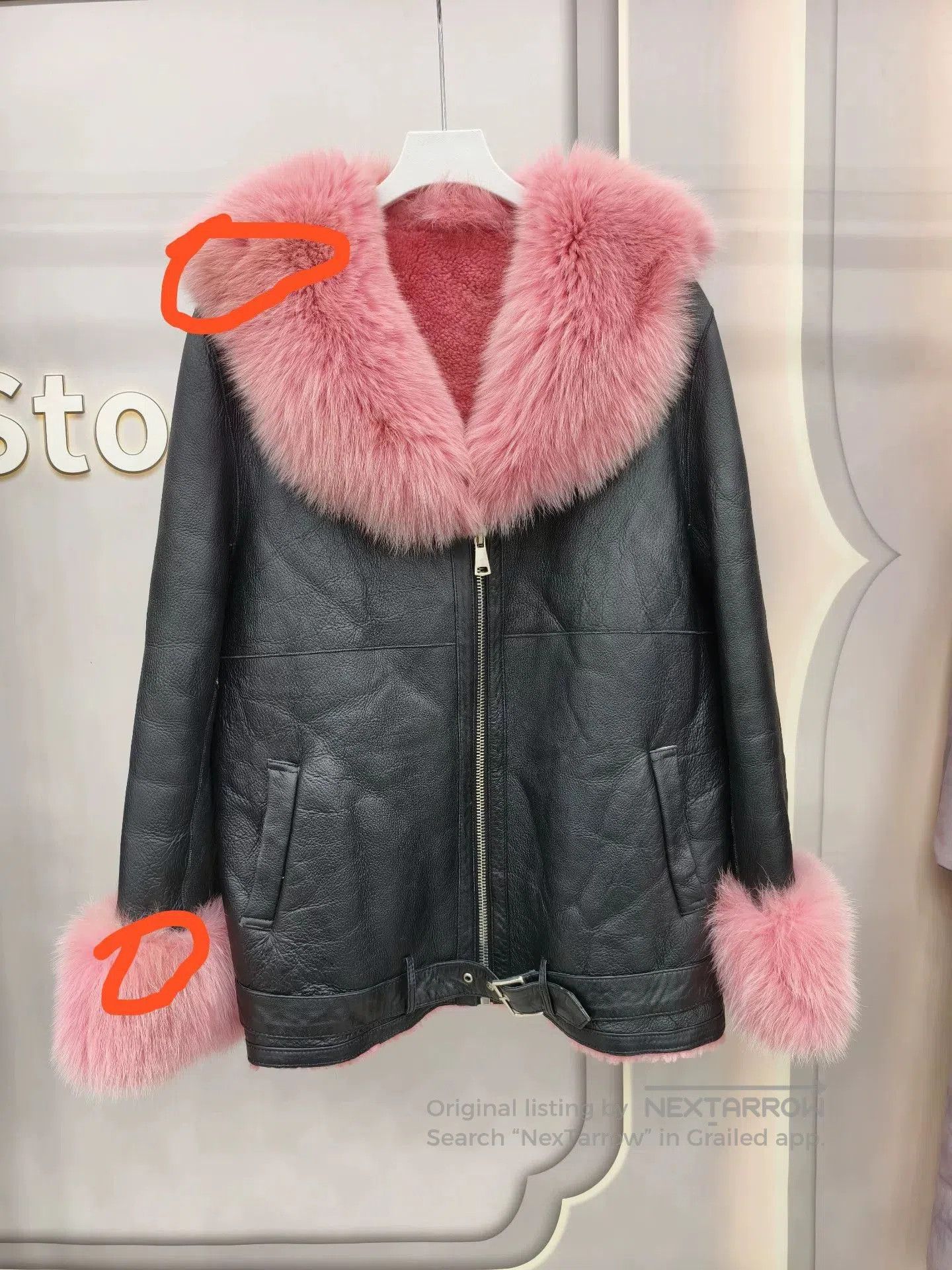 Black Wool Leather Coat with Fox Fur Trim.