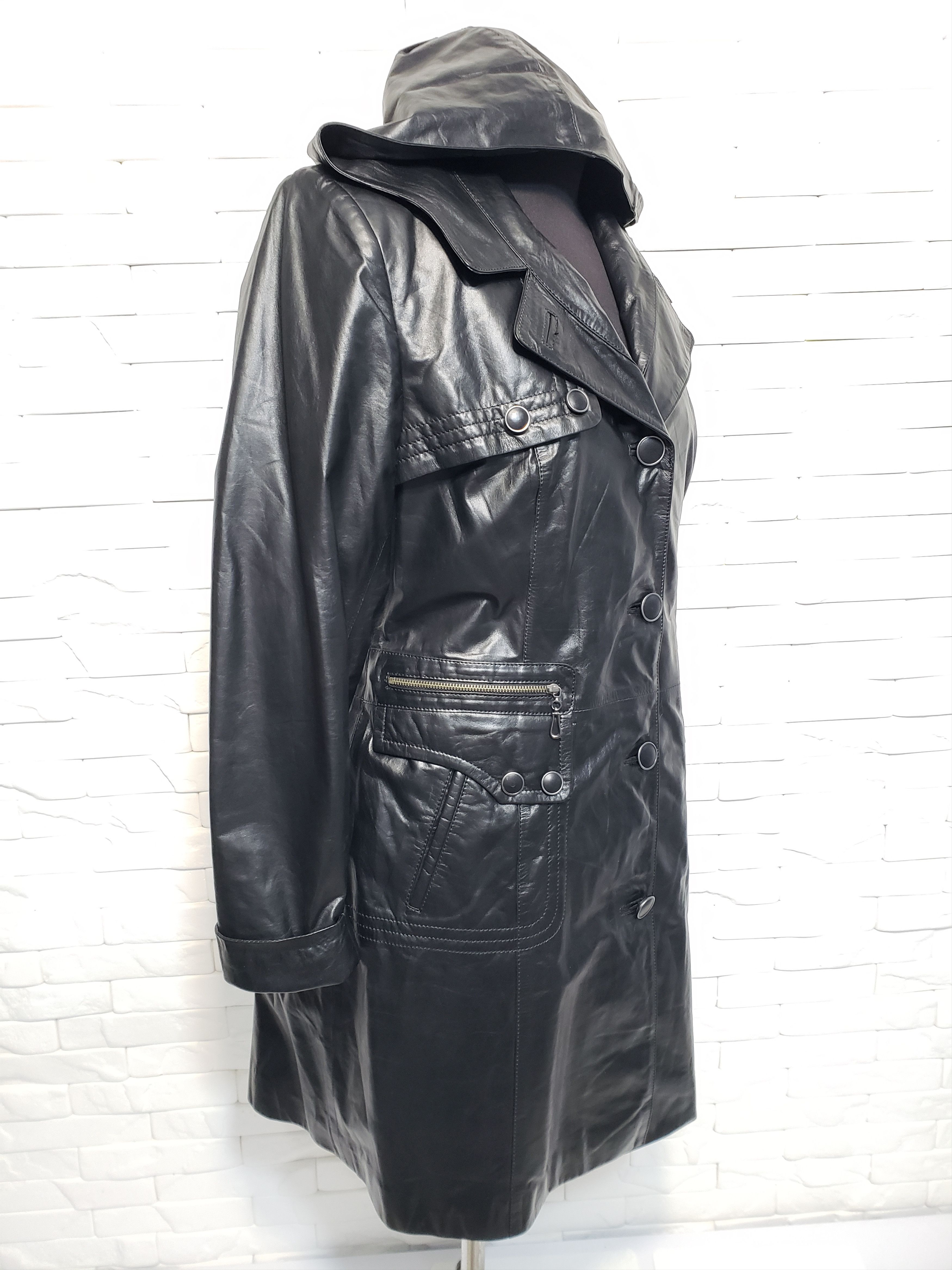 Genuine Leather Black women's jacket with a hood. Size L / US 10 / IT 46 - 3 Thumbnail
