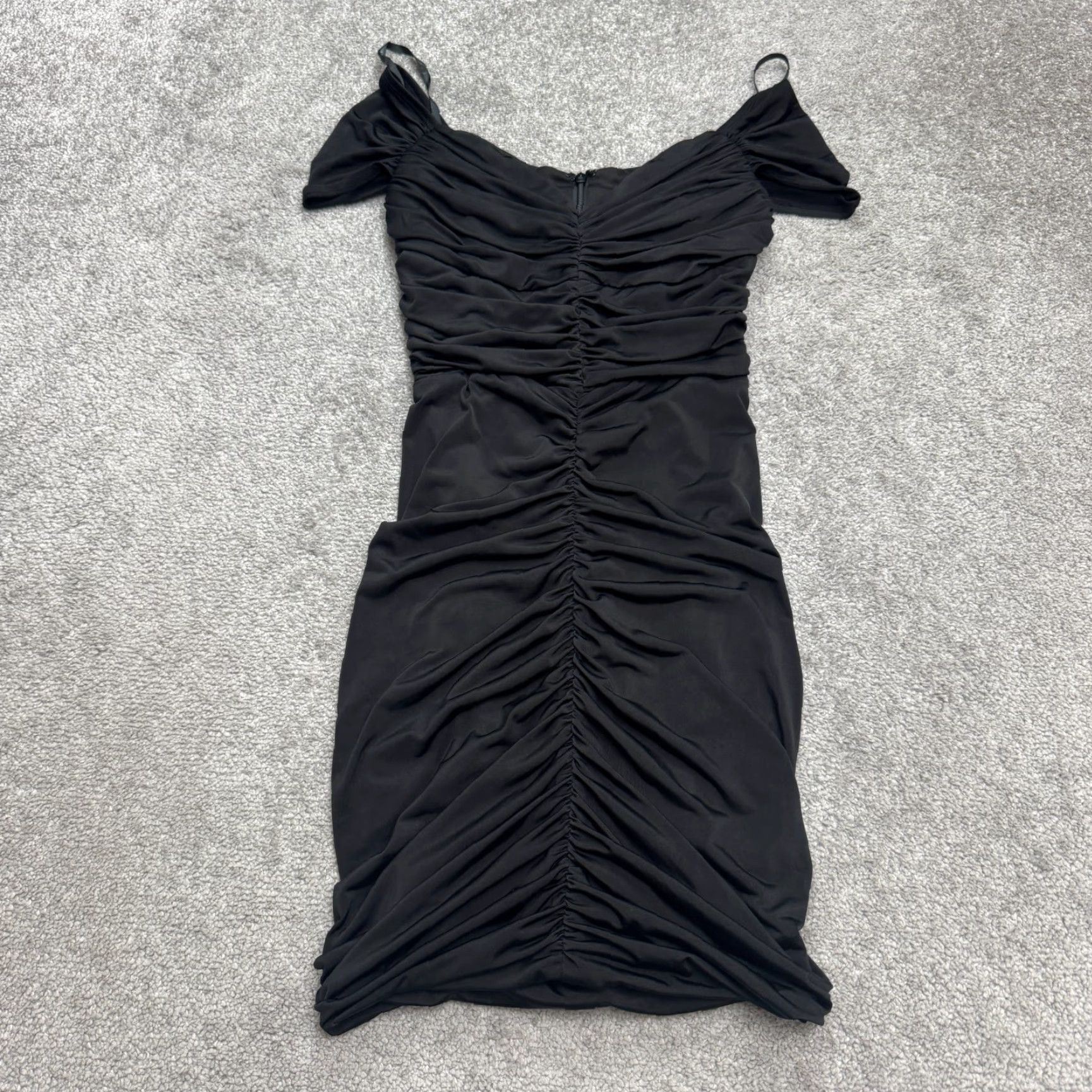 Jessica McClintock VINTAGE Jessica McClintock Bodycon Dress Womens 2 Black Short Off Shoulder Ruched 90s Size XS / US 0-2 / IT 36-38 - 2 Thumbnail