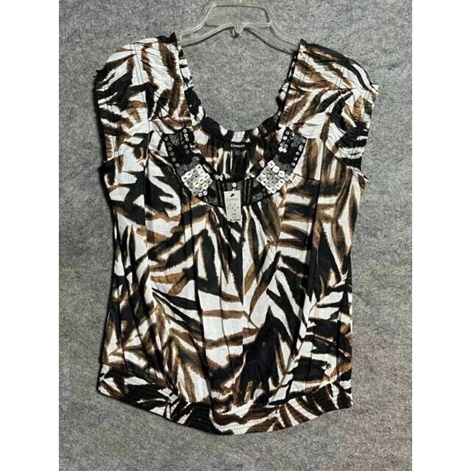 Express Express Blouse L Beaded Leaf Print Scoop Cap Sleeve Black Size L / US 10 / IT 46 - 1 Thumbnail