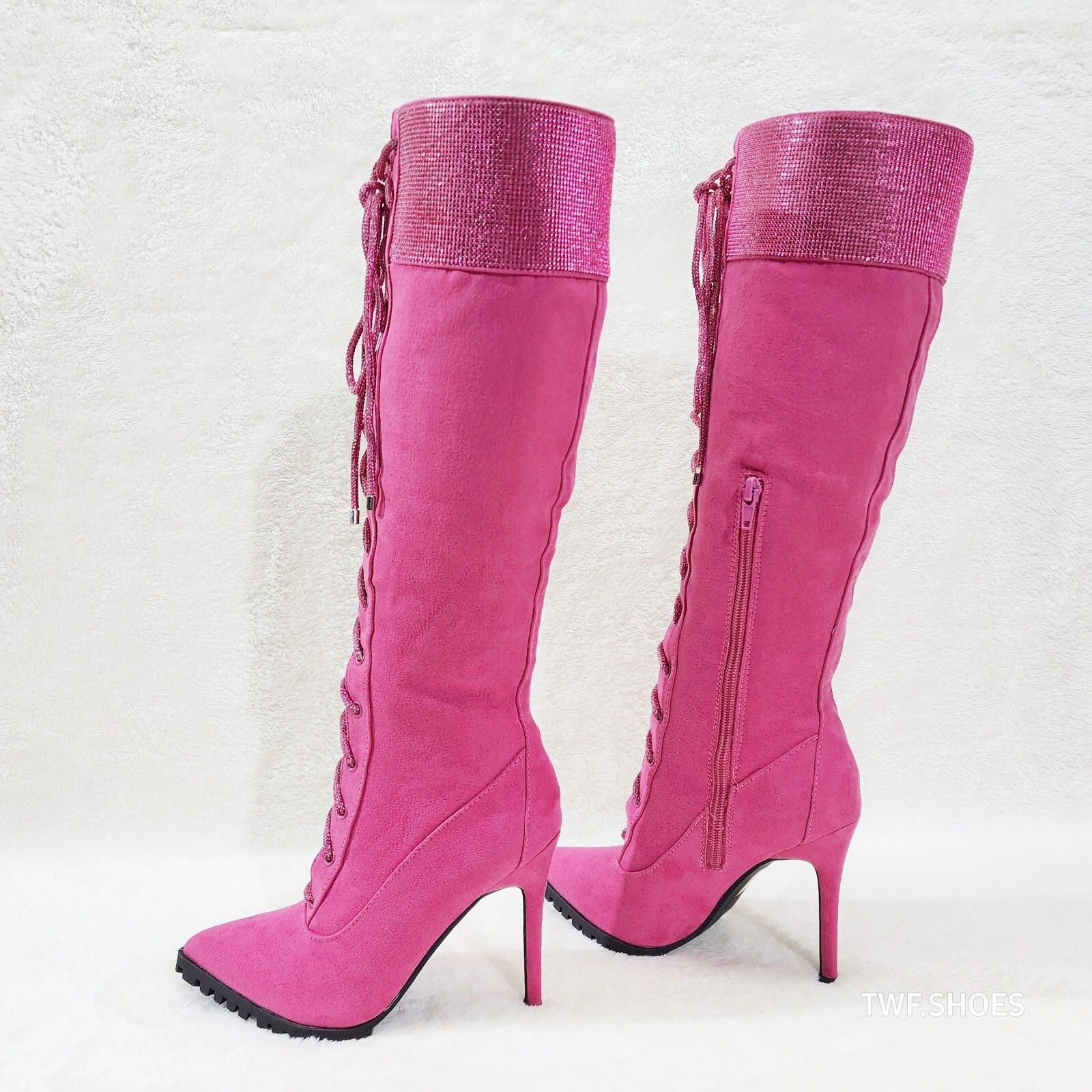 Queens Rhinestone Pointy Toe High Heels Stiletto Lace Up Kne