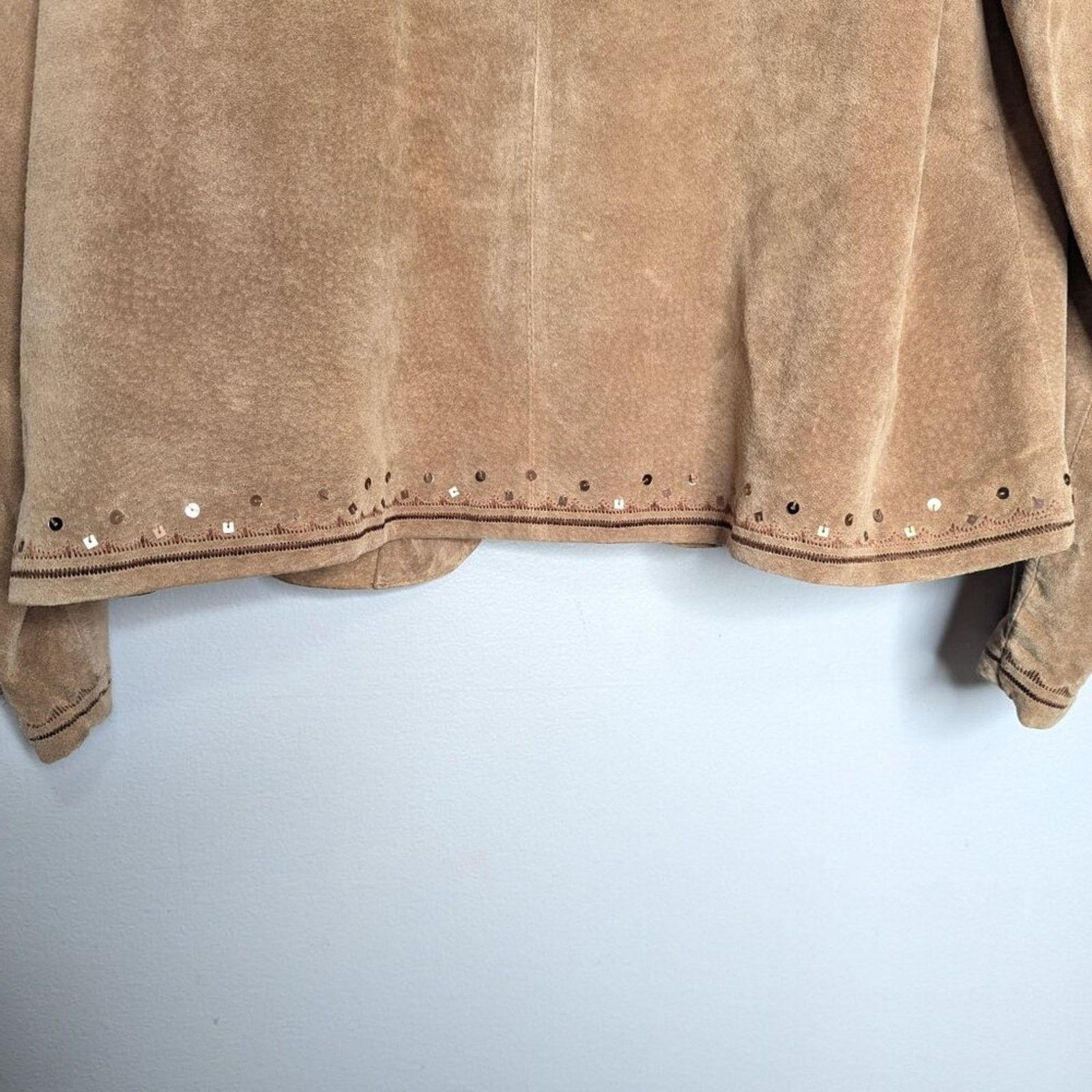 Chicos Chico's Vintage Tan Suede Long Sleeve Open Front Jacket Size L / US 10 / IT 46 - 7 Thumbnail
