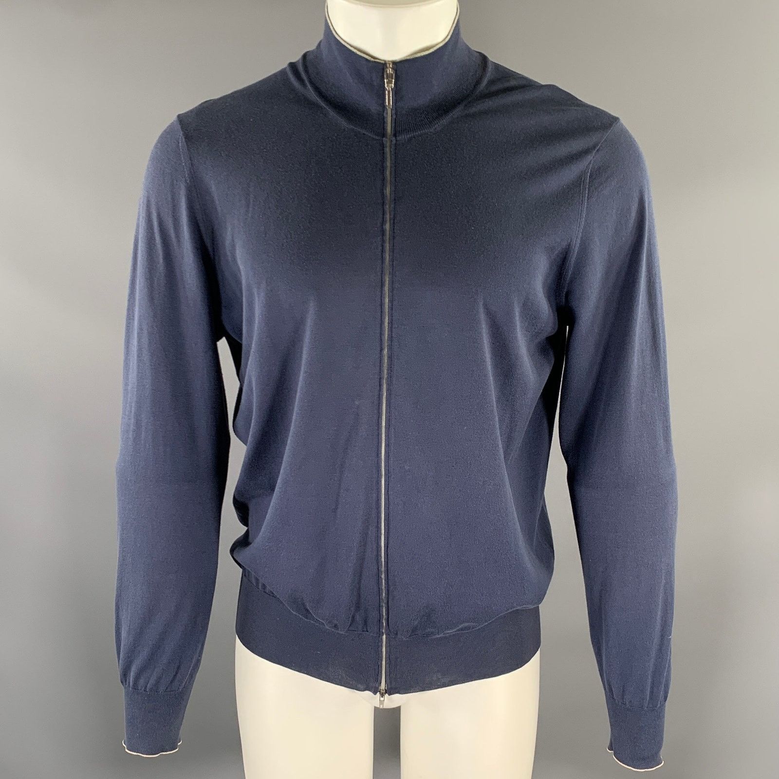 Brunello Cucinelli BRUNELLO CUCINELLI Navy Grey Cotton Zip Mock Neck Sweater Size US L / EU 52-54 / 3 - 1 Thumbnail